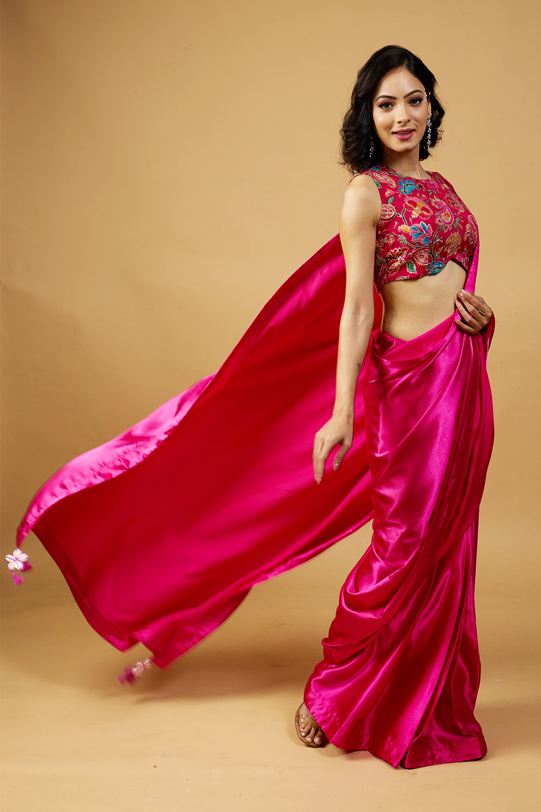Gulabi Satin Glow Saree with Handcrafted Tassels & Blouse Fabric