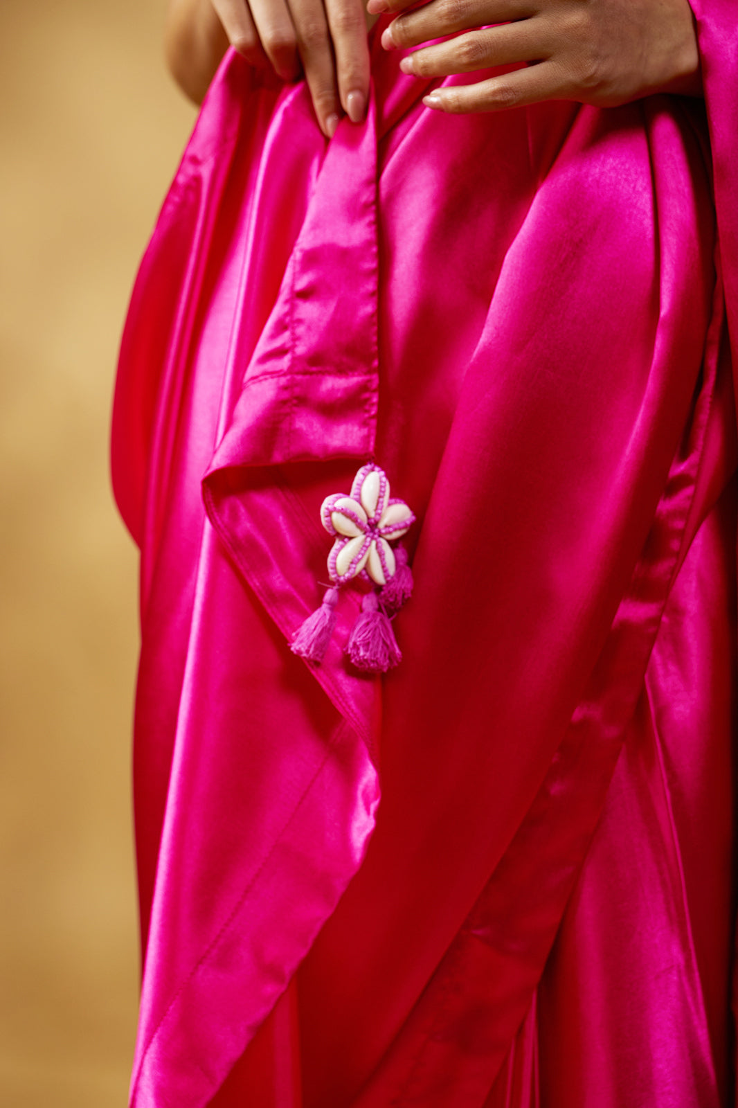 Gulabi Satin Glow Saree with Handcrafted Tassels & Blouse Fabric
