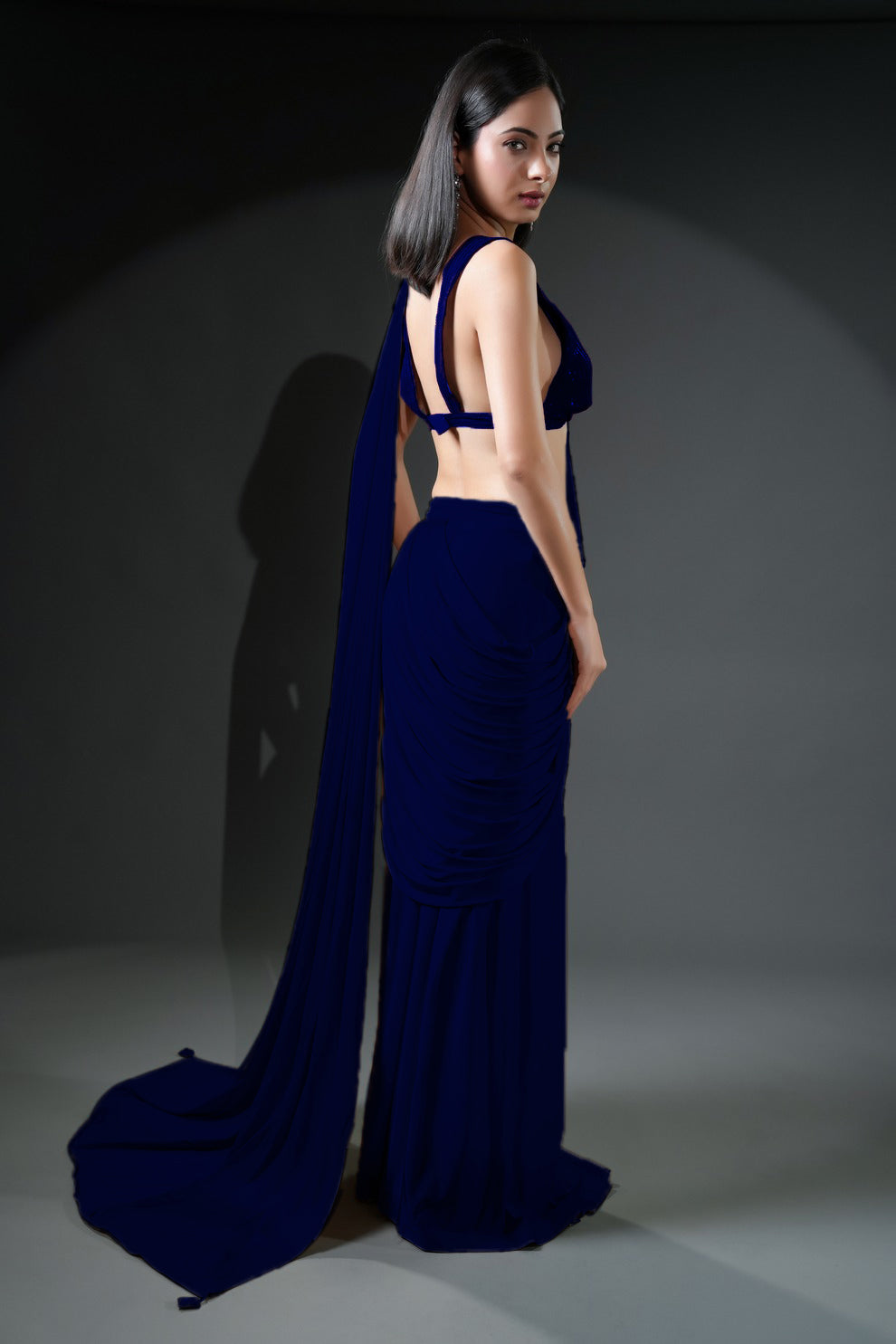 Exclusive Designer Navy Blue Ready-to-Wear Saree with Unique Drape in Luxe Fabric