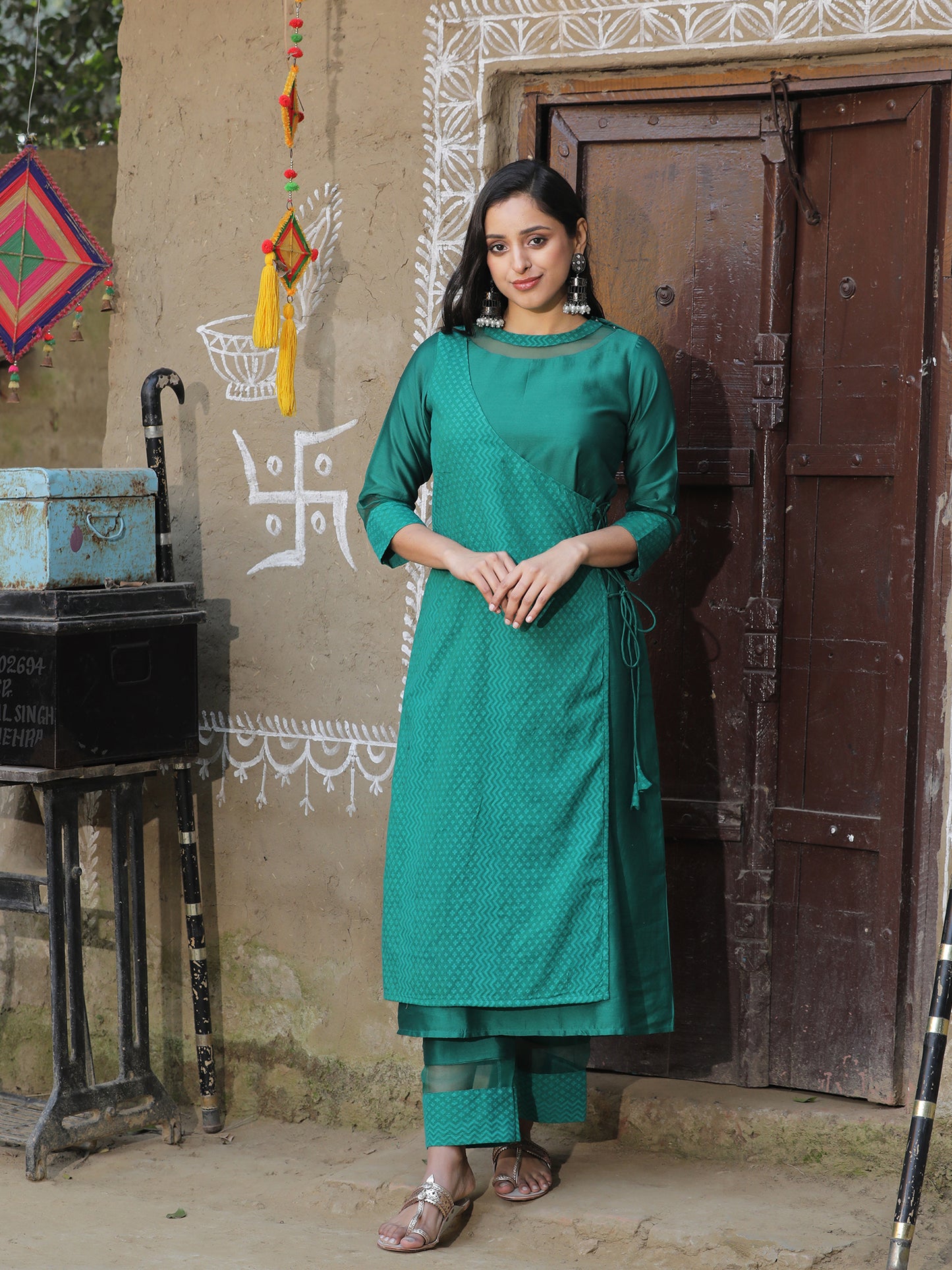 Green Silk Angrakha Kurta