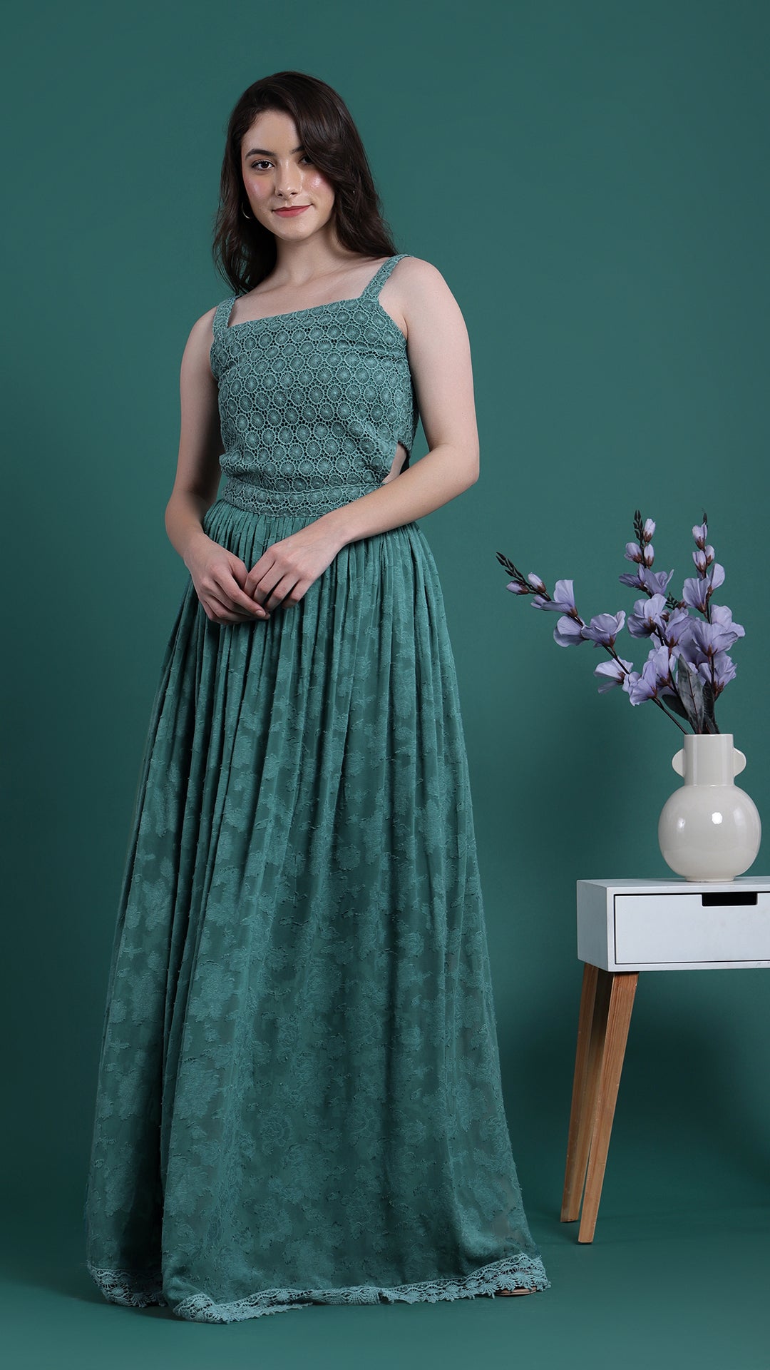 Teal Green Strapped Long Dress