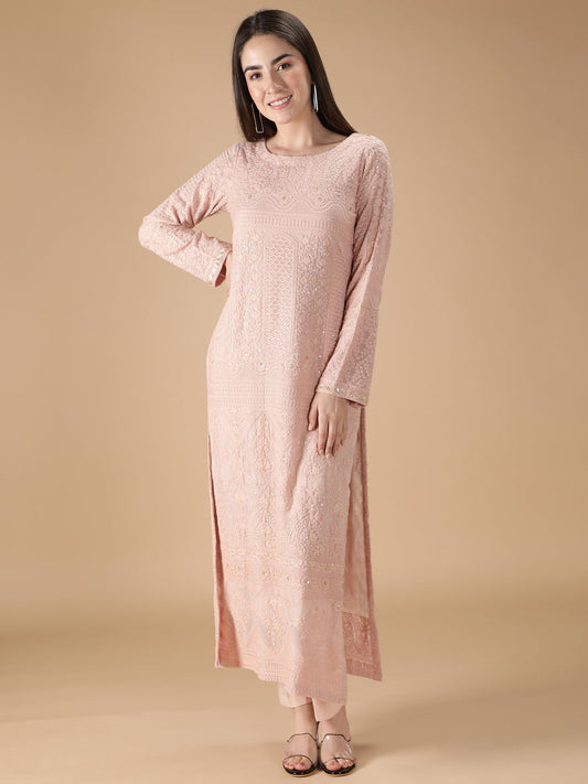 Straight Heavy Embroidered Peach Kurta