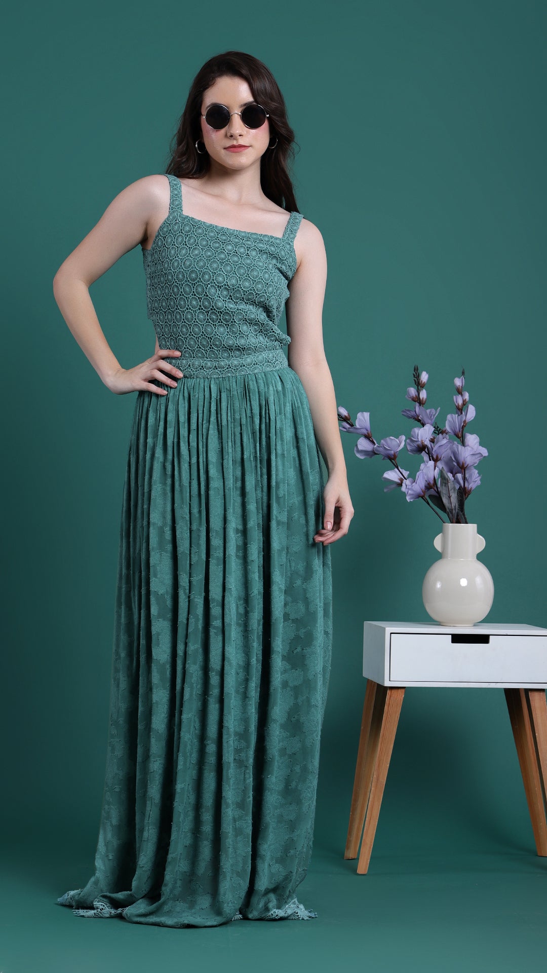 Teal Green Strapped Long Dress