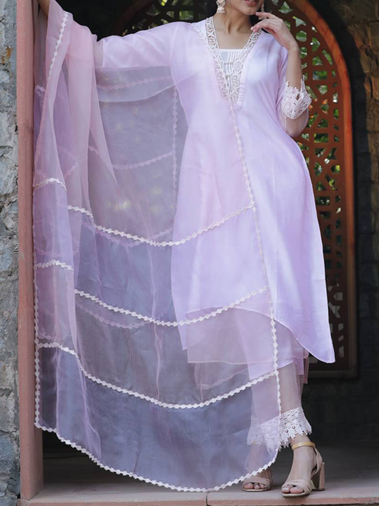 Pink and Purple Pure Silk Organza Dupatta with Embroidered Lace