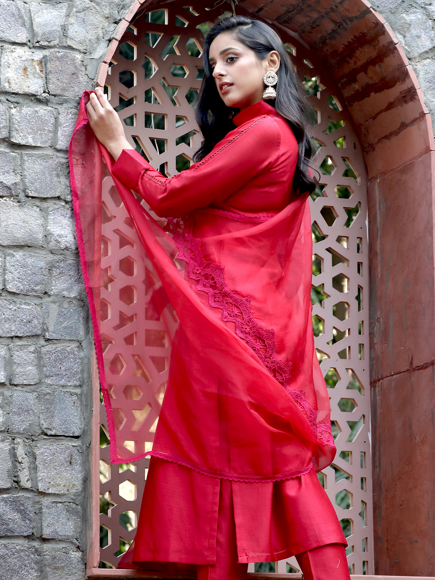 Maroon Pure Silk Organza Embroidered Lace Dupatta