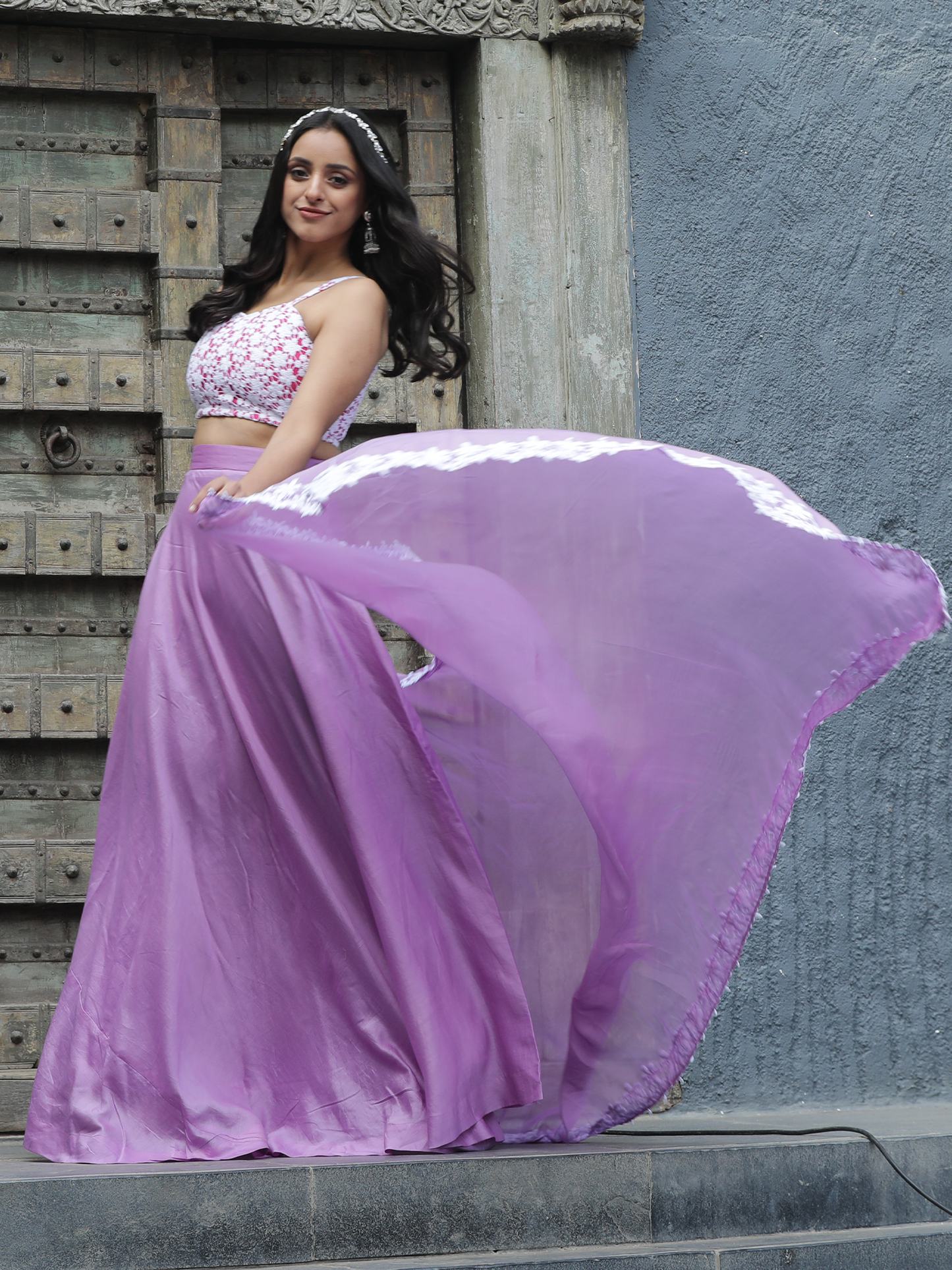 Lilac Organza Dupatta with Embroidered Lace