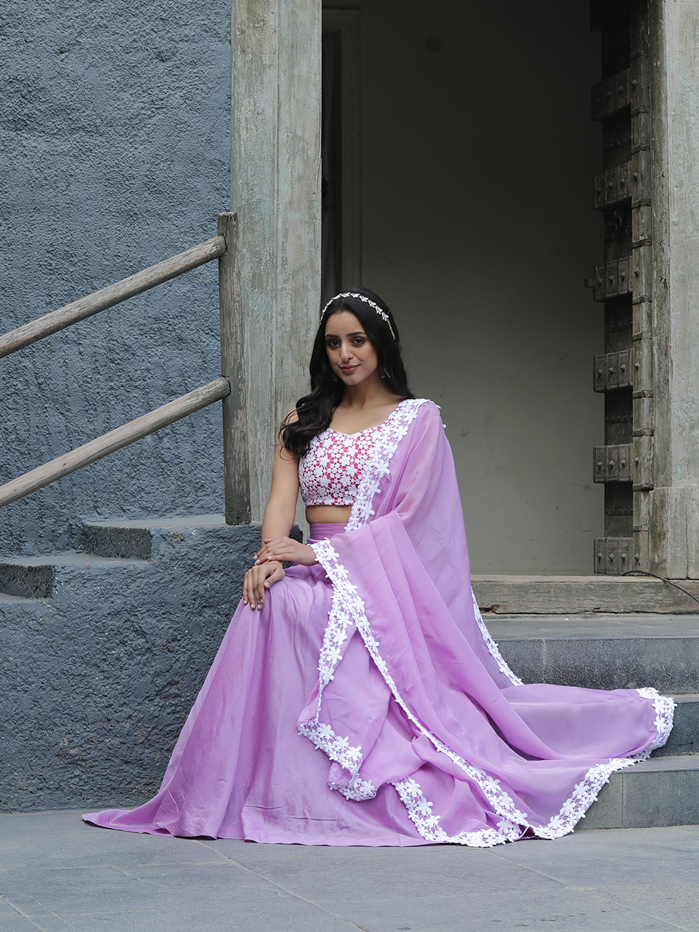 Lilac Embroidered Lace Ethnic Three-Piece Set