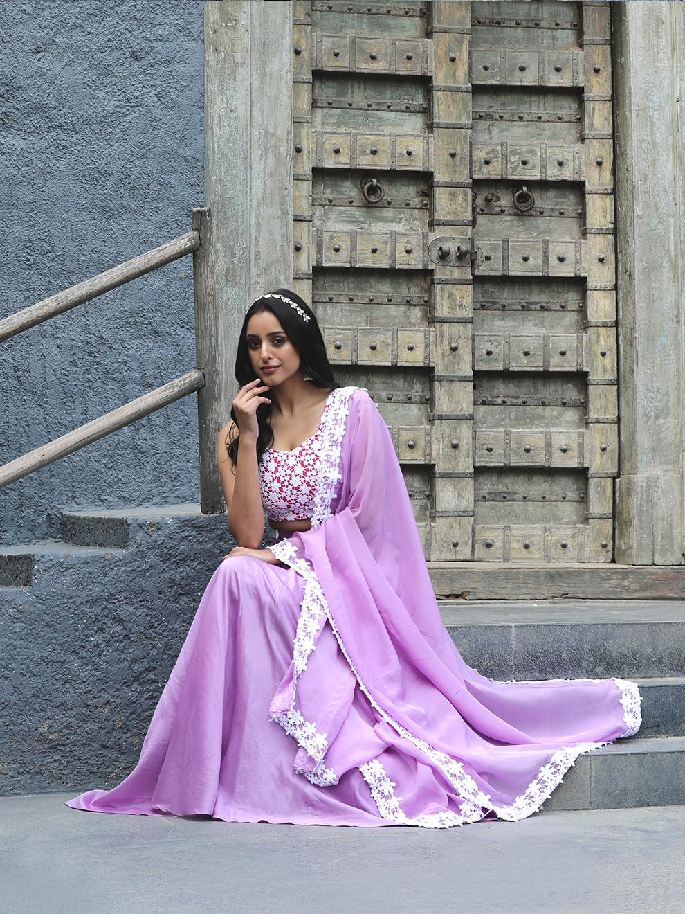 Lilac Embroidered Lace Ethnic Three-Piece Set