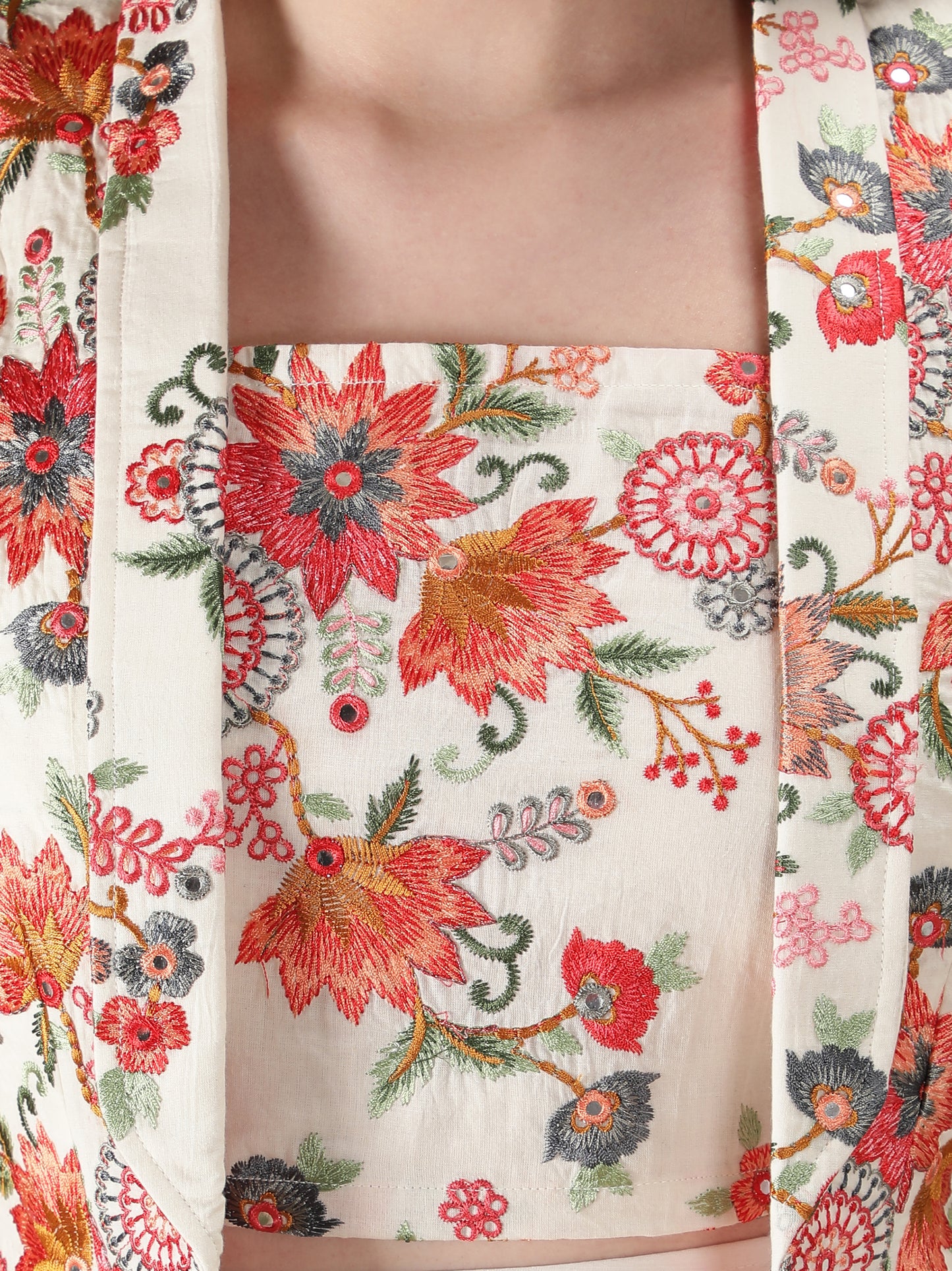 Floral Embroidered Jacket & Top with Skirt (Set of 3)
