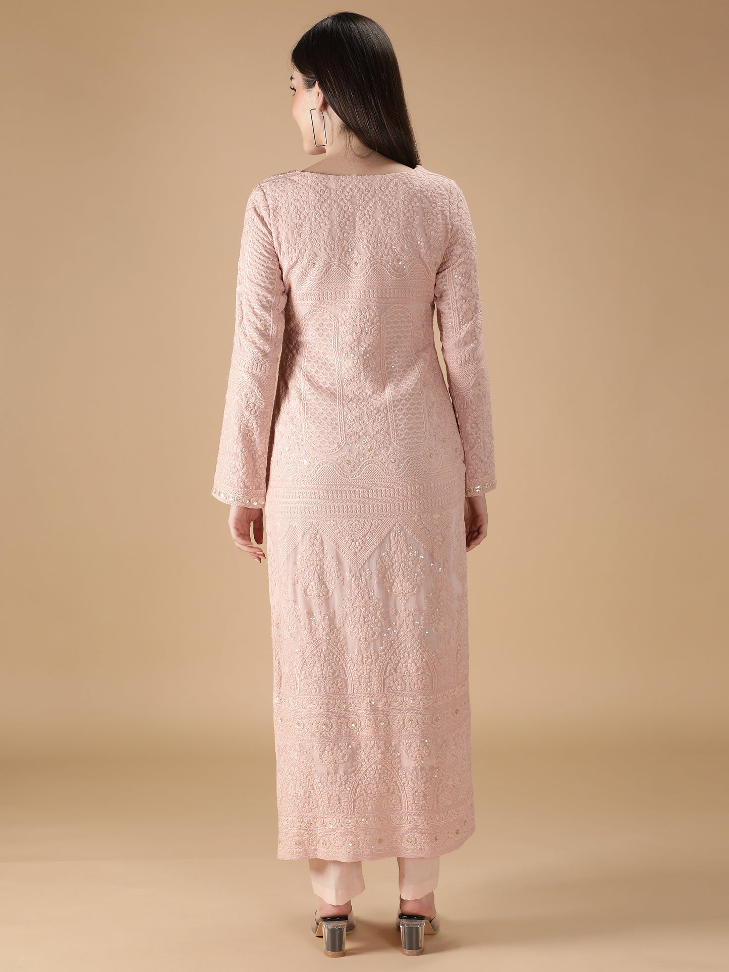 Straight Georgette Heavy Embroidered Peach Suit