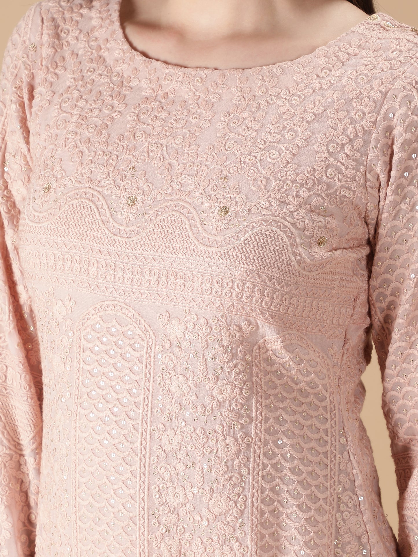 Straight Georgette Heavy Embroidered Peach Suit