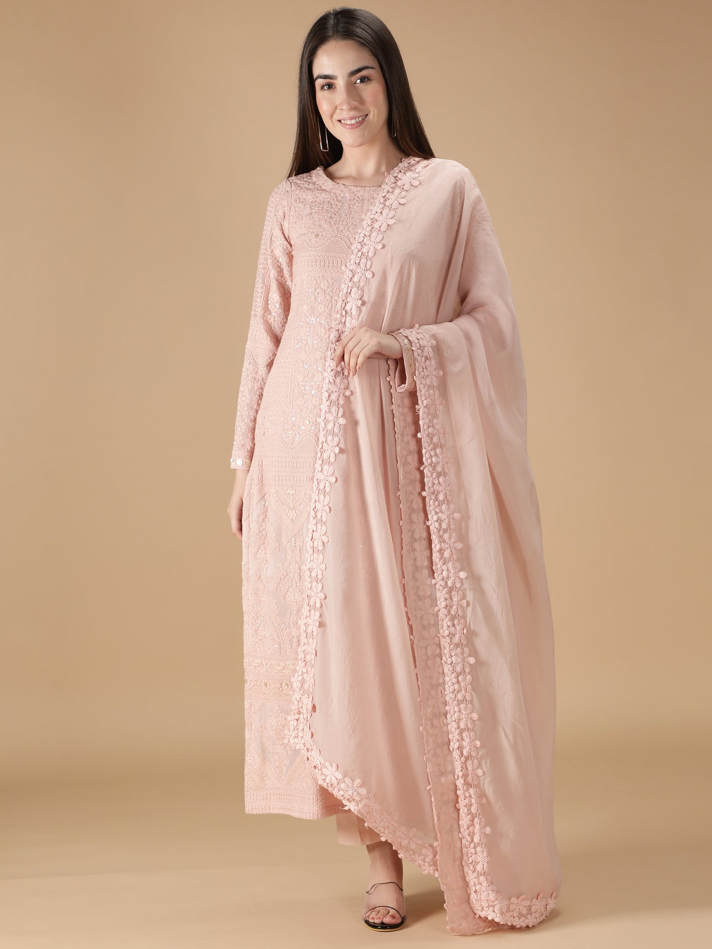 Straight Georgette Heavy Embroidered Peach Suit