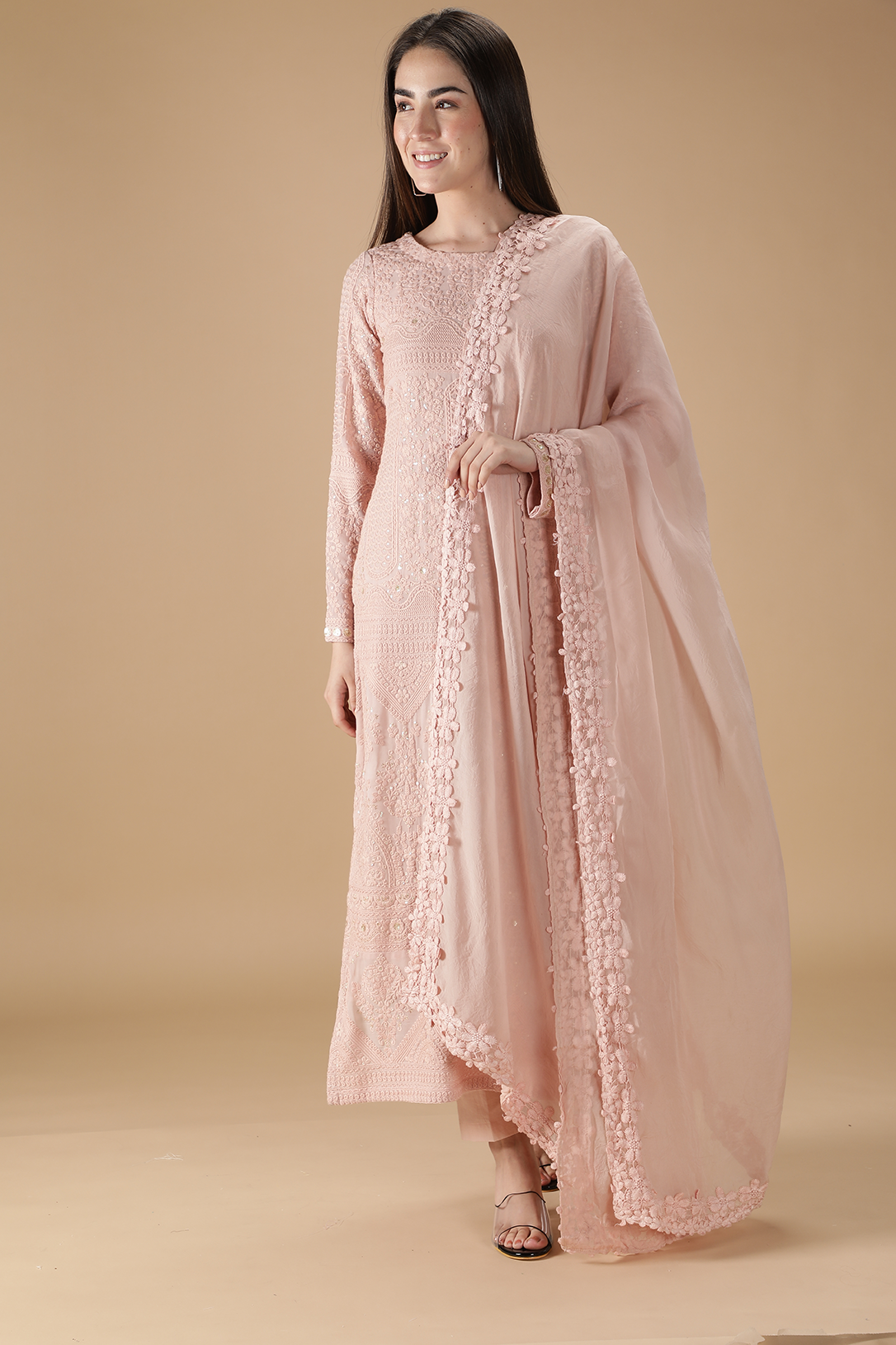 Straight Georgette Heavy Embroidered Peach Suit