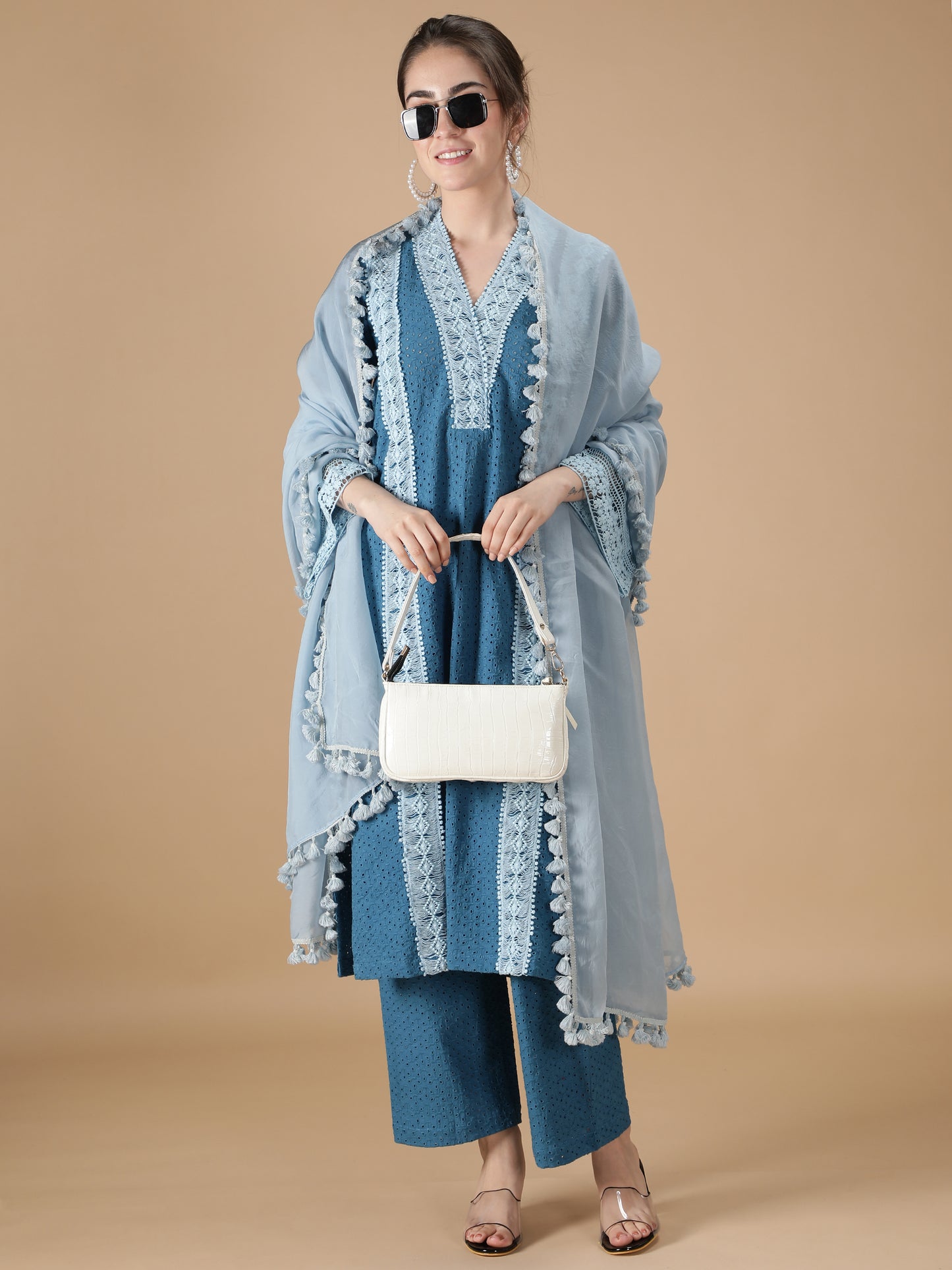 Blue Lace Embroidered Suit Set (Set of 3)