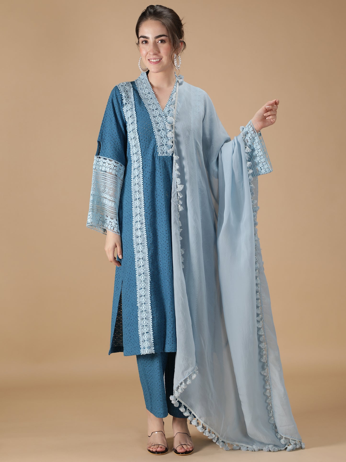 Blue Lace Embroidered Suit Set (Set of 3)
