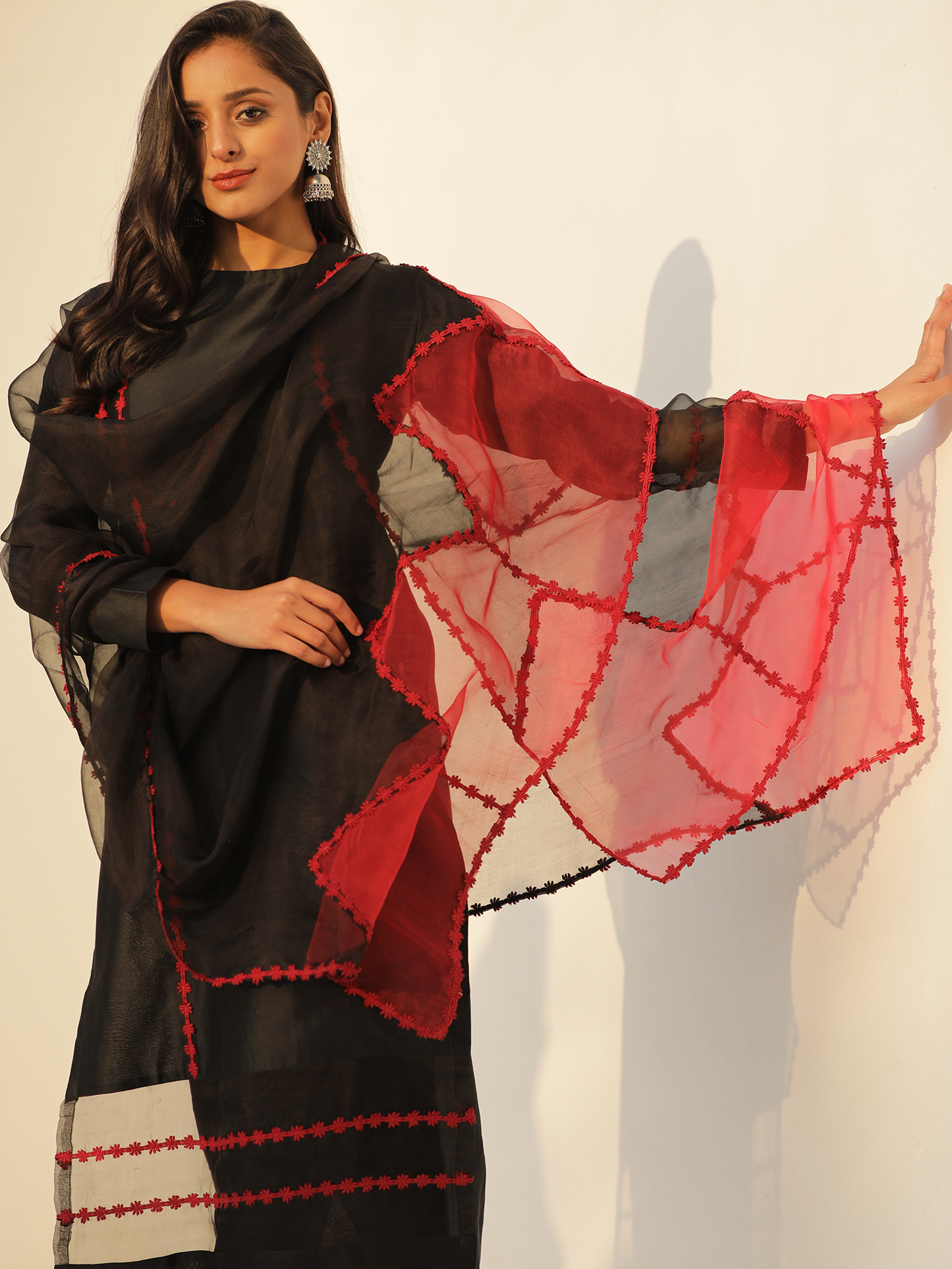 Red and Black Pure Silk Organza Dupatta with Embroidered Lace