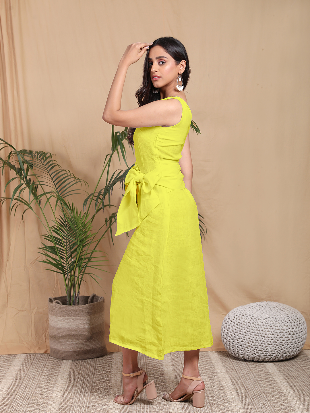 Pure Linen Yellow Midi Dress