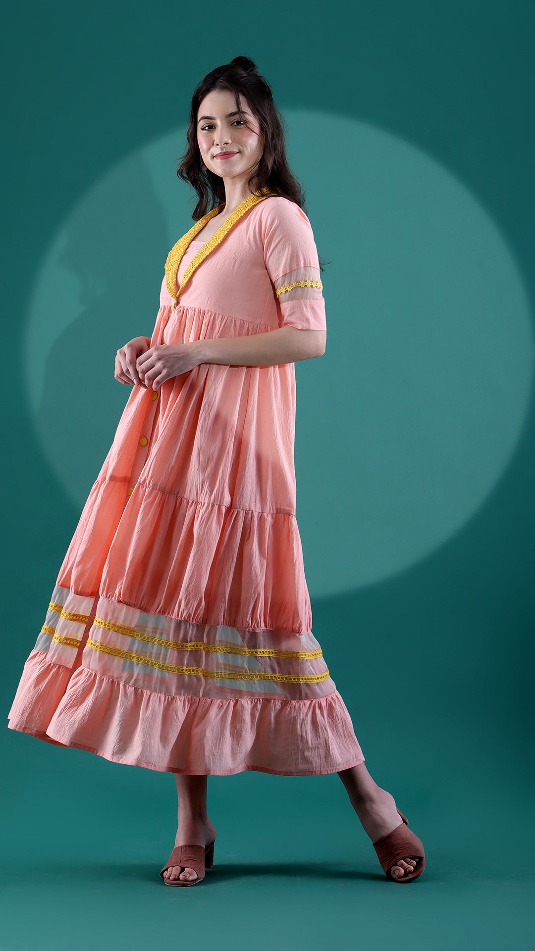 Glamorous Peach and Mustard Ethnic Dress