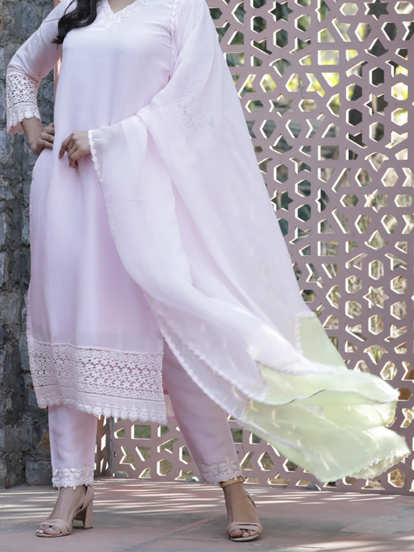 Pink and Green Organza Dupatta with Embroidered Lace