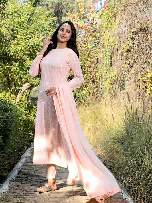 Straight Georgette Heavy Embroidered Peach Suit