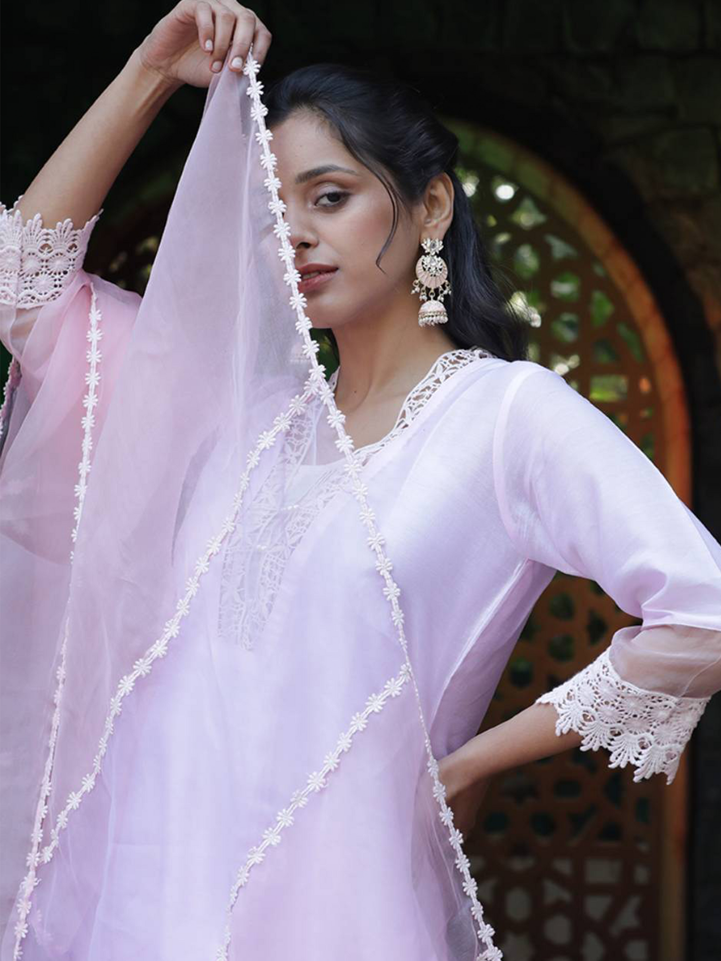 Pink and Purple Pure Silk Organza Dupatta with Embroidered Lace