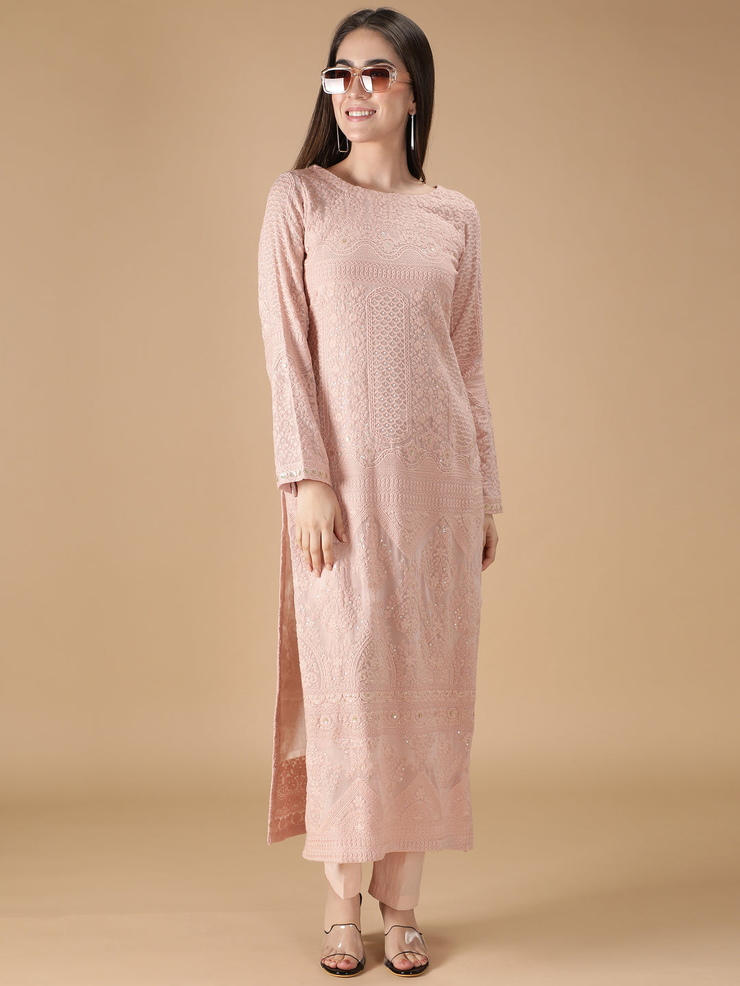Straight Heavy Embroidered Peach Kurta