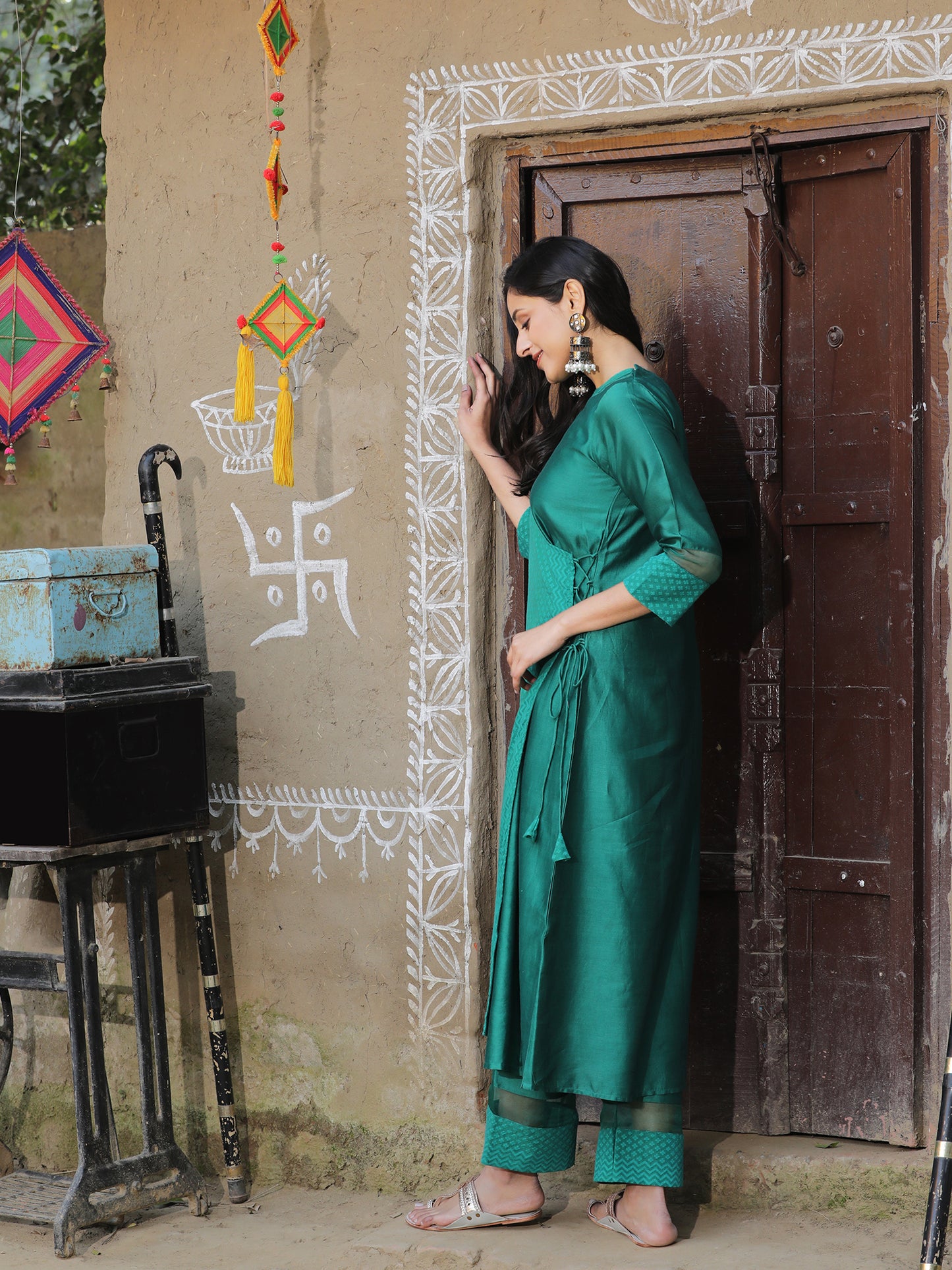 Green Silk Angrakha Kurta