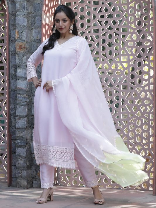 Pink Embroidered Lace Suit (Set of 3)