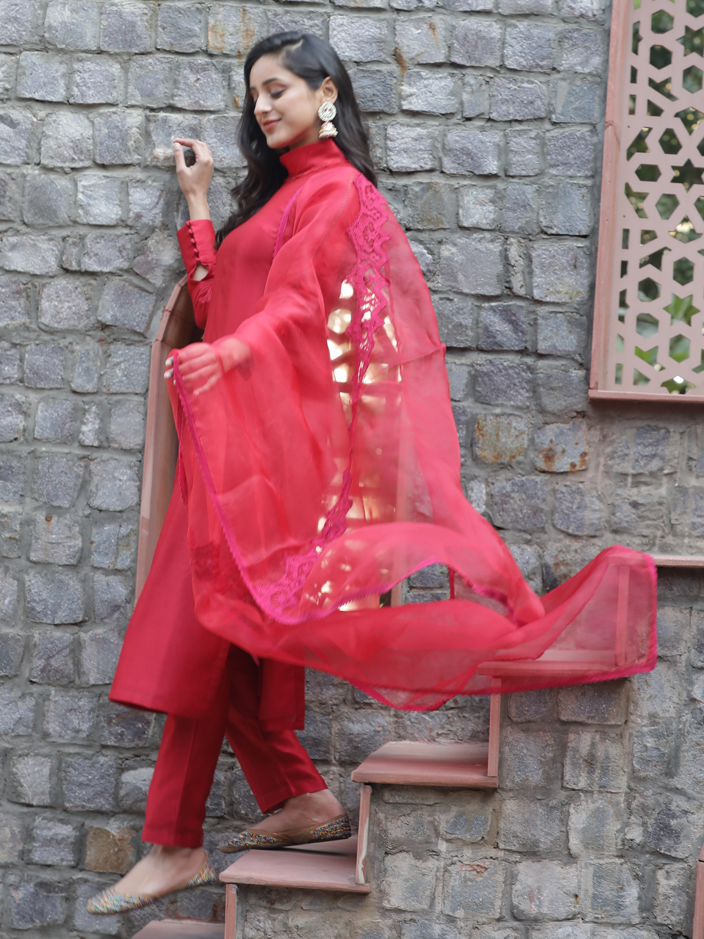 Maroon Pure Silk Organza Embroidered Lace Dupatta