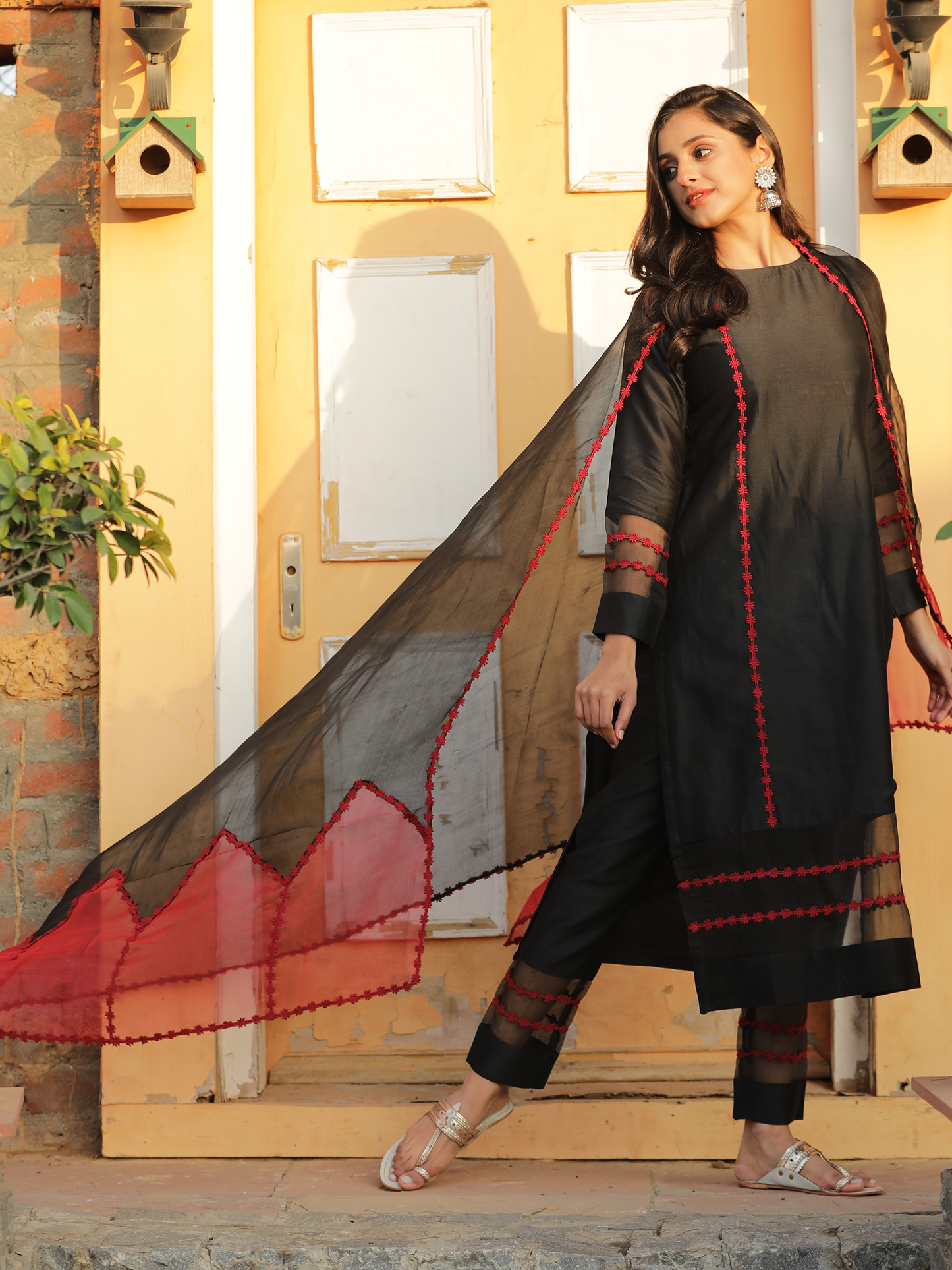 Red and Black Pure Silk Organza Dupatta with Embroidered Lace