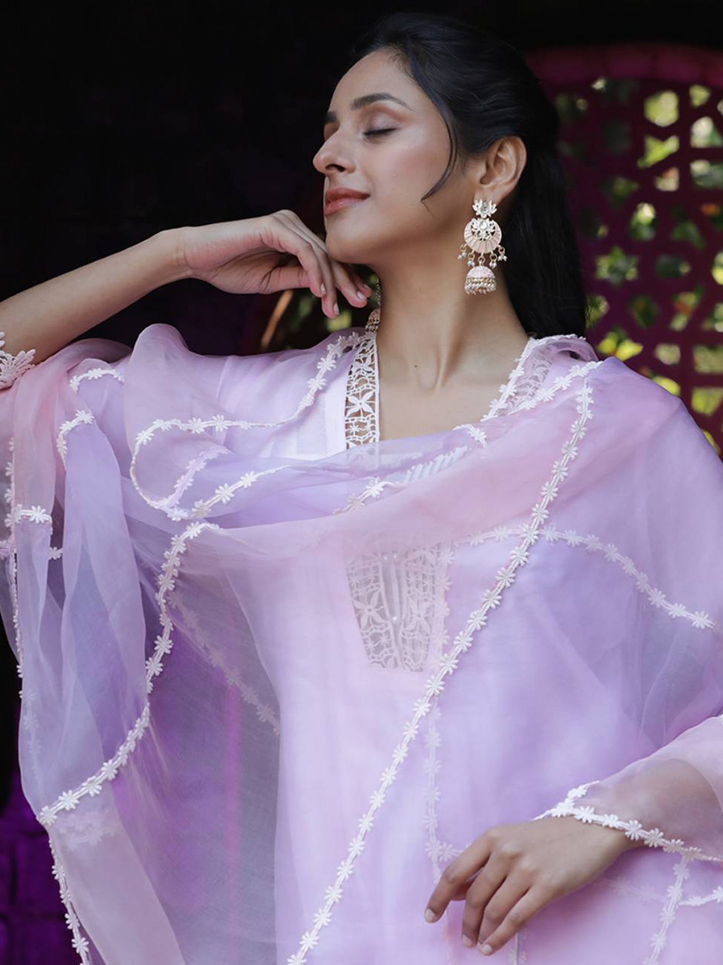 Pink and Purple Pure Silk Organza Dupatta with Embroidered Lace