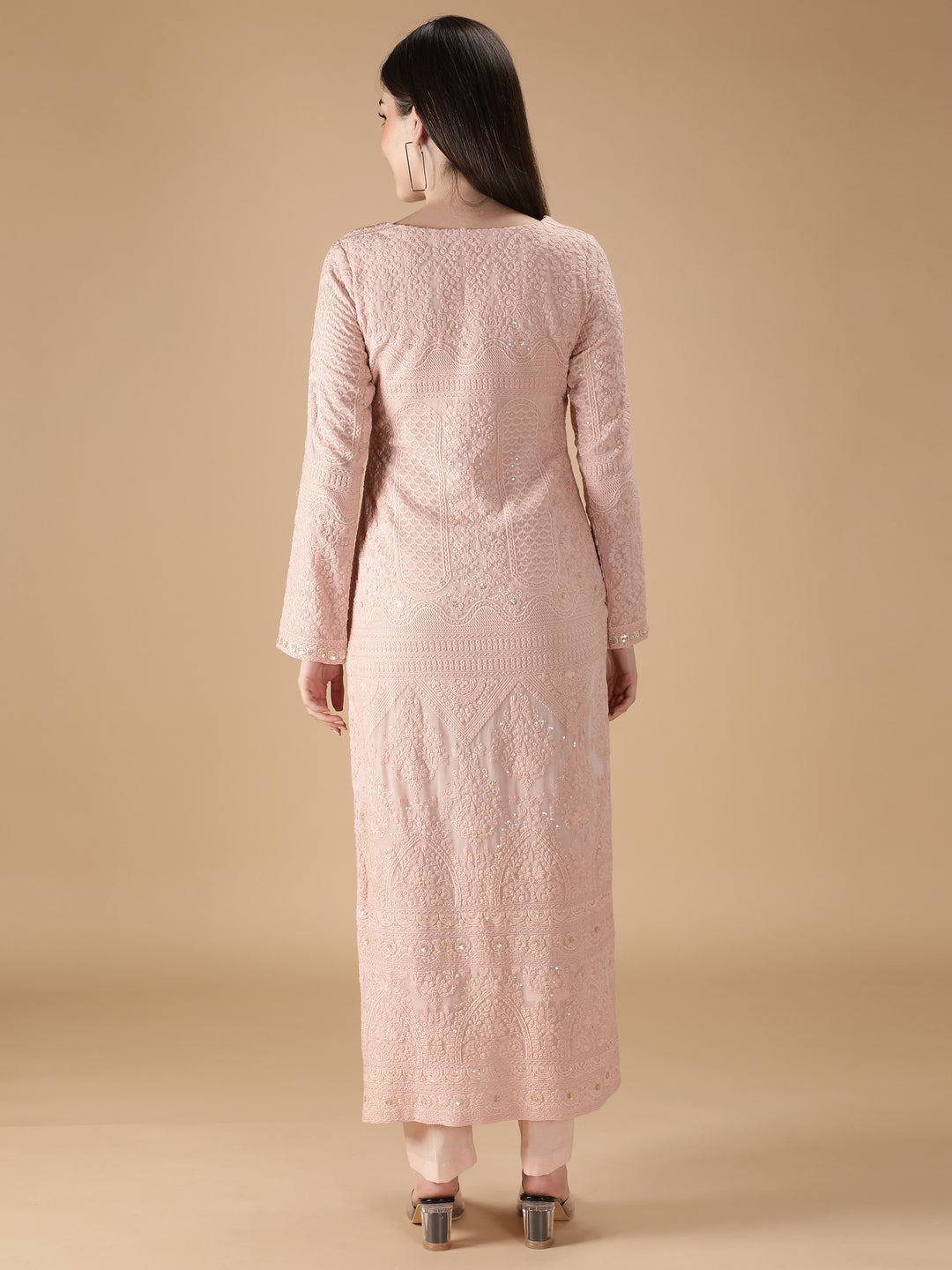 Straight Heavy Embroidered Peach Kurta