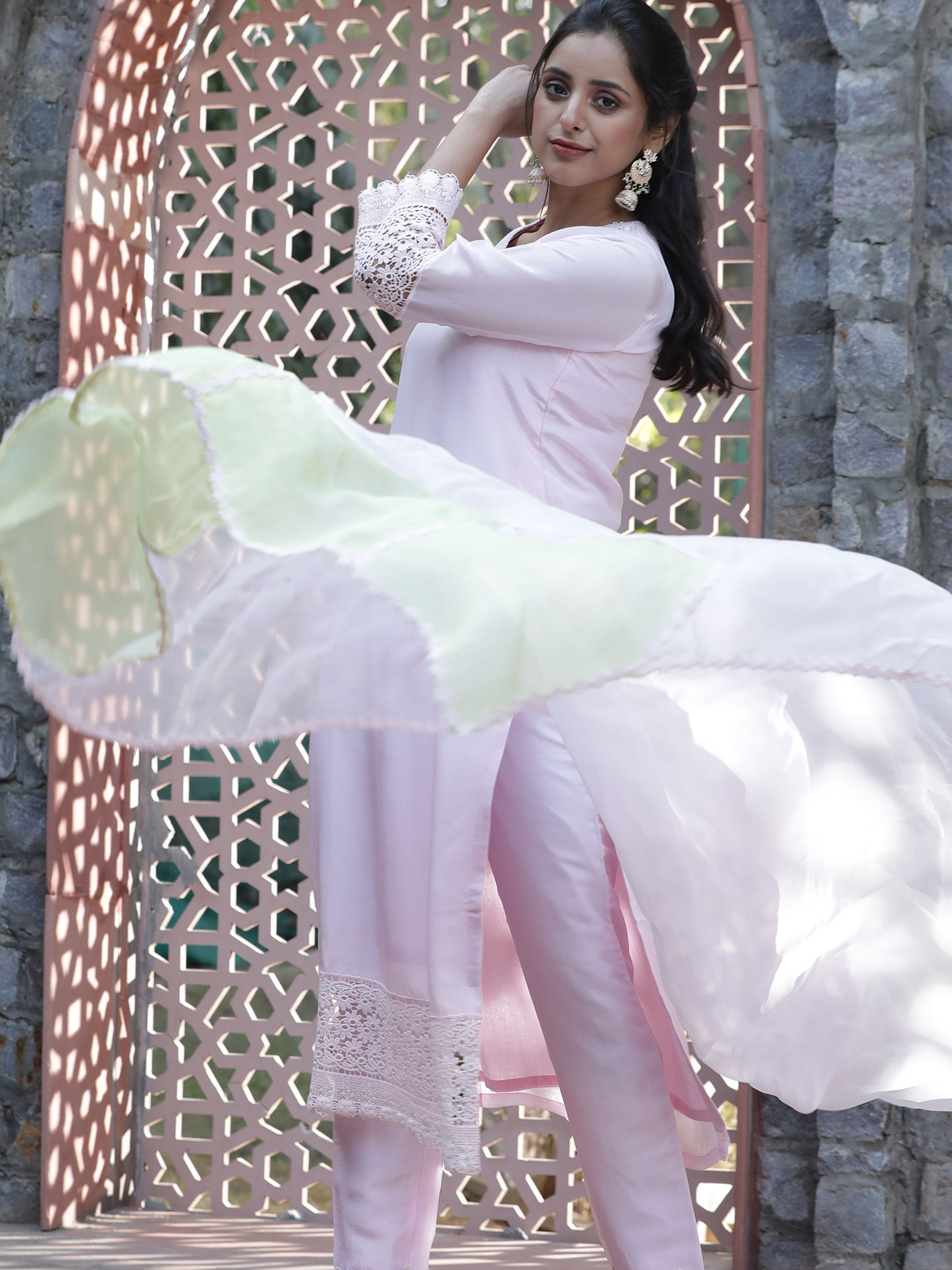 Pink and Green Organza Dupatta with Embroidered Lace