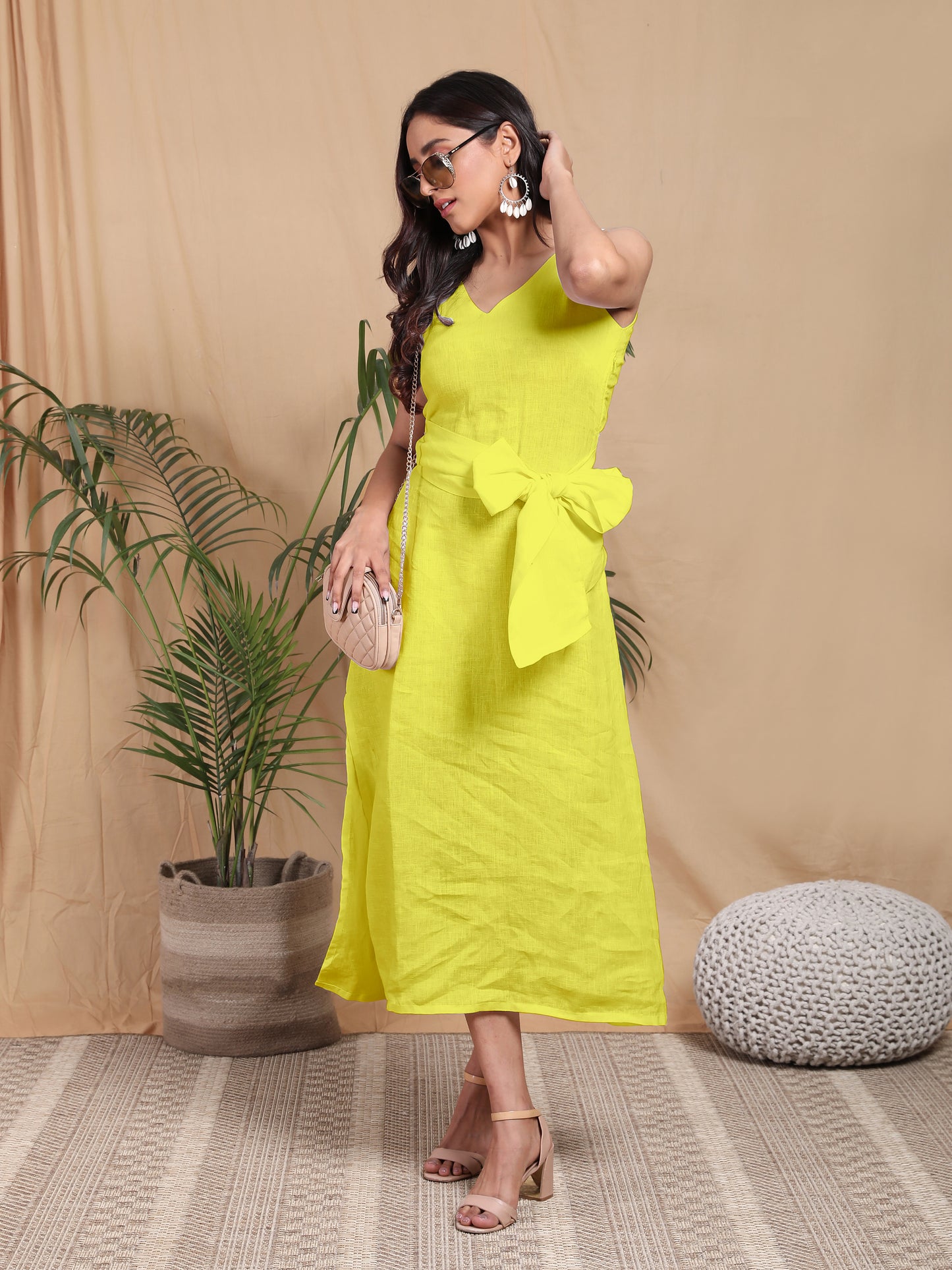 Pure Linen Yellow Midi Dress