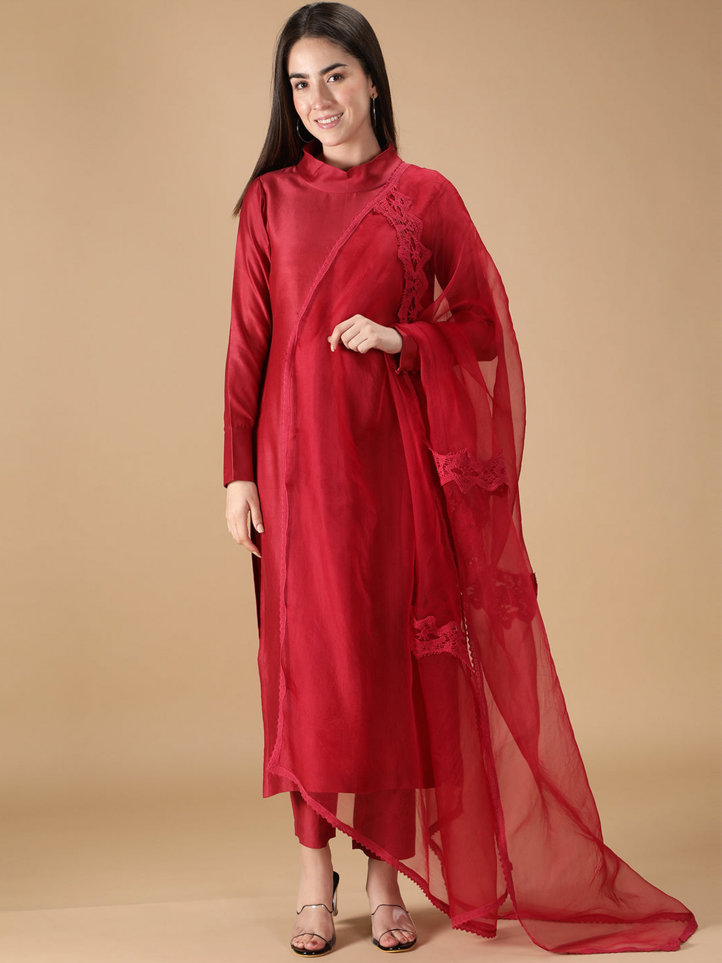 Maroon Pure Silk Organza Embroidered Lace Dupatta