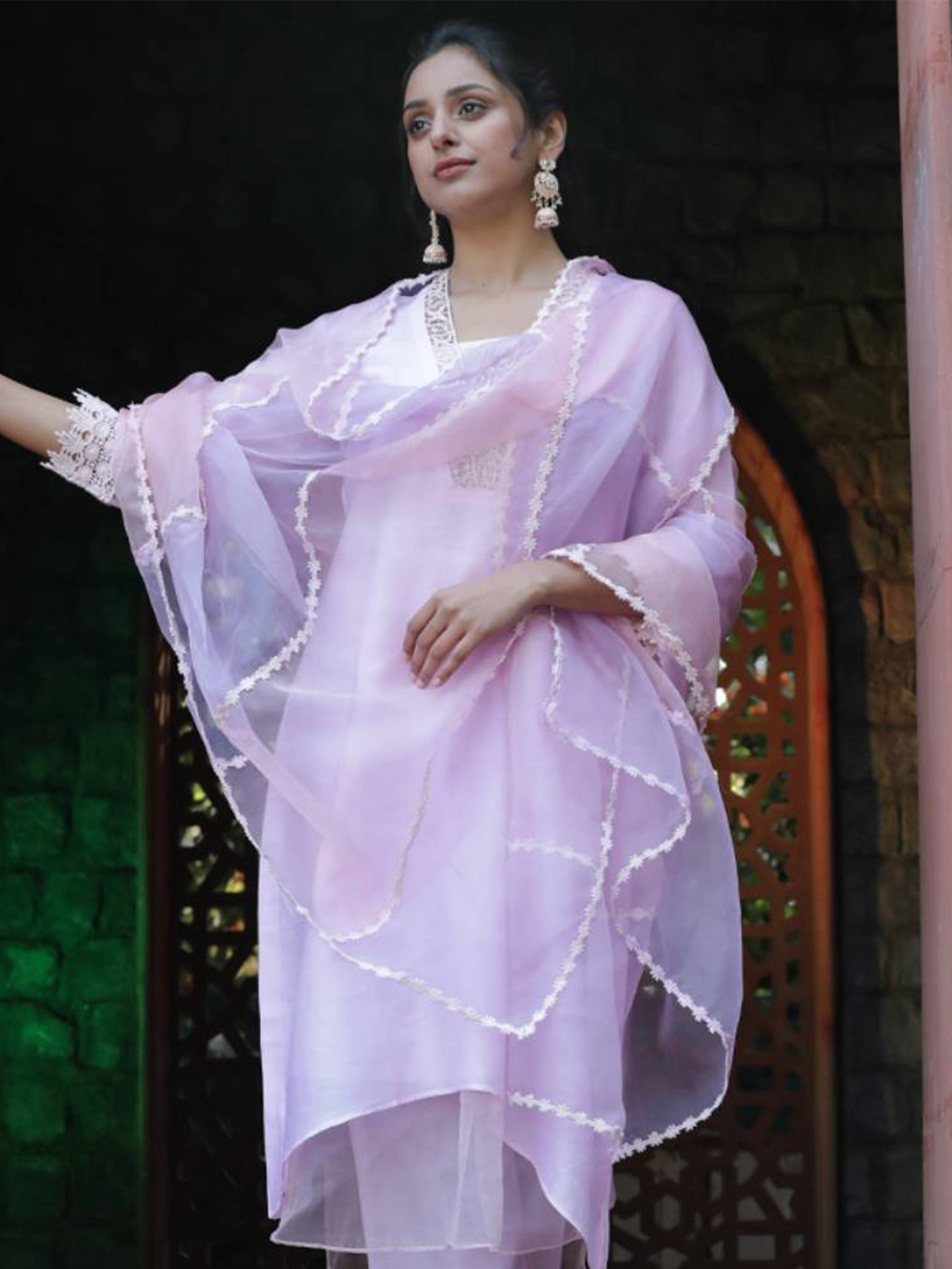 Pink and Purple Pure Silk Organza Dupatta with Embroidered Lace