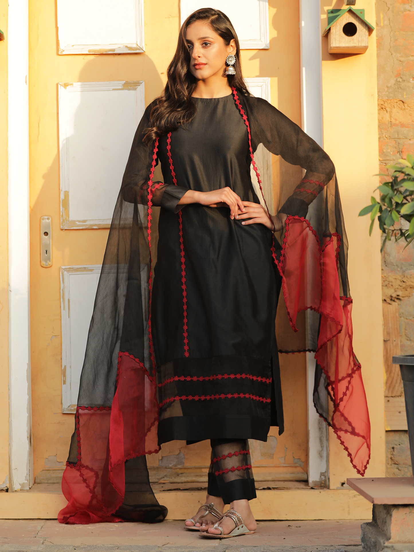 Red and Black Pure Silk Organza Dupatta with Embroidered Lace