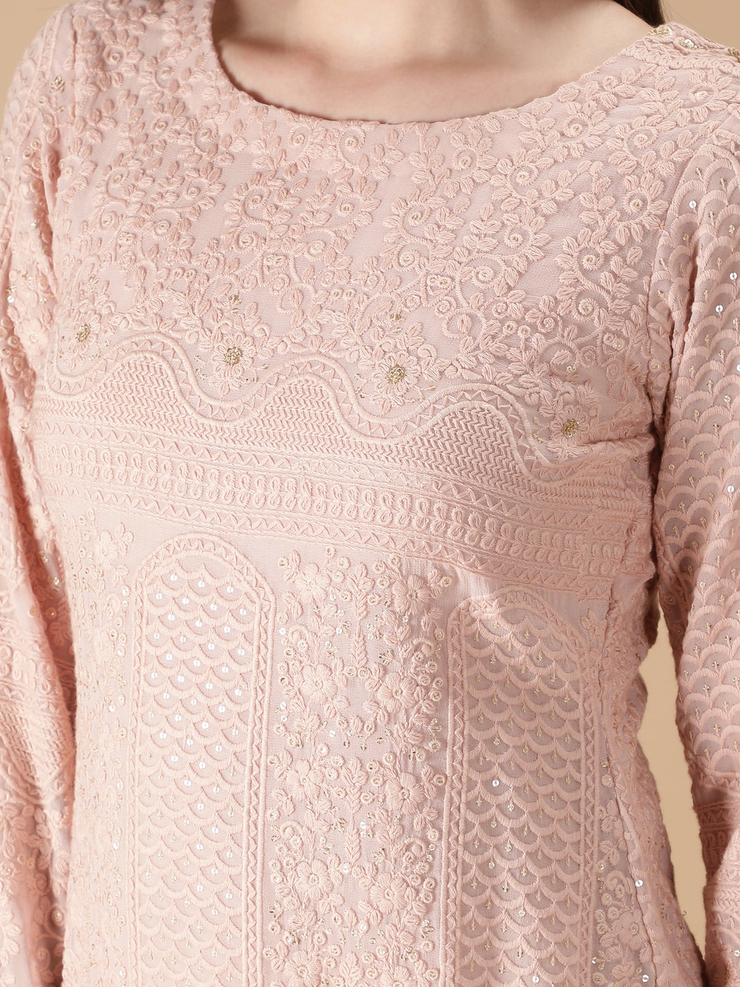 Straight Heavy Embroidered Peach Kurta