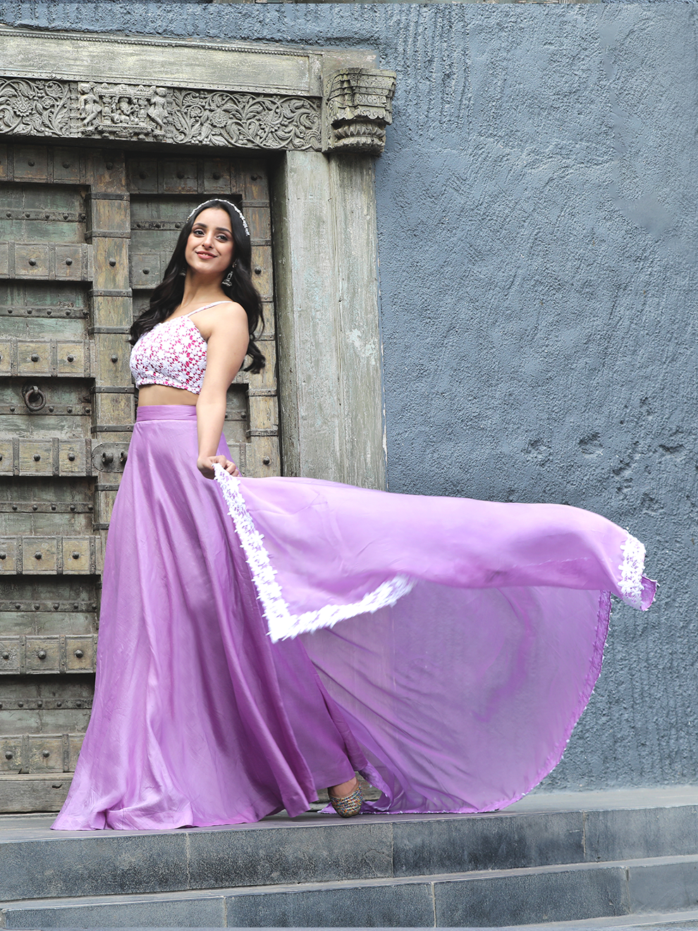 Lilac Embroidered Lace Ethnic Three-Piece Set