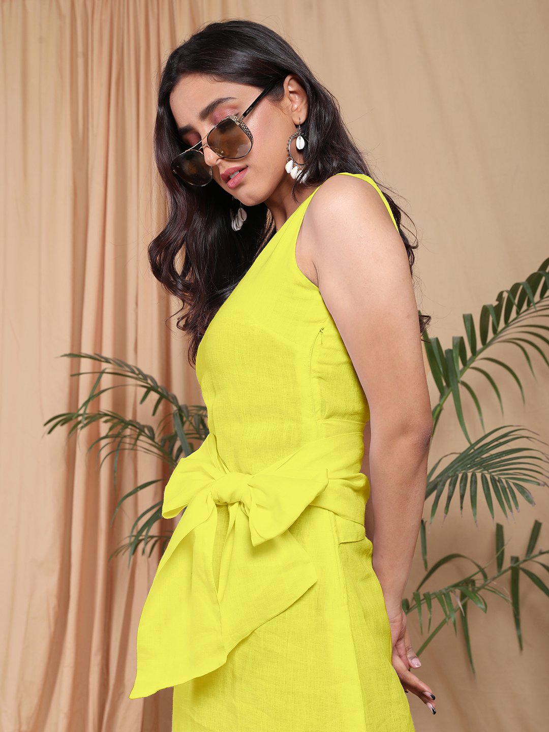 Pure Linen Yellow Midi Dress