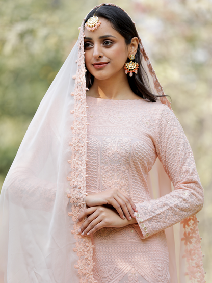 Peach Organza Dupatta with Embroidered Lace