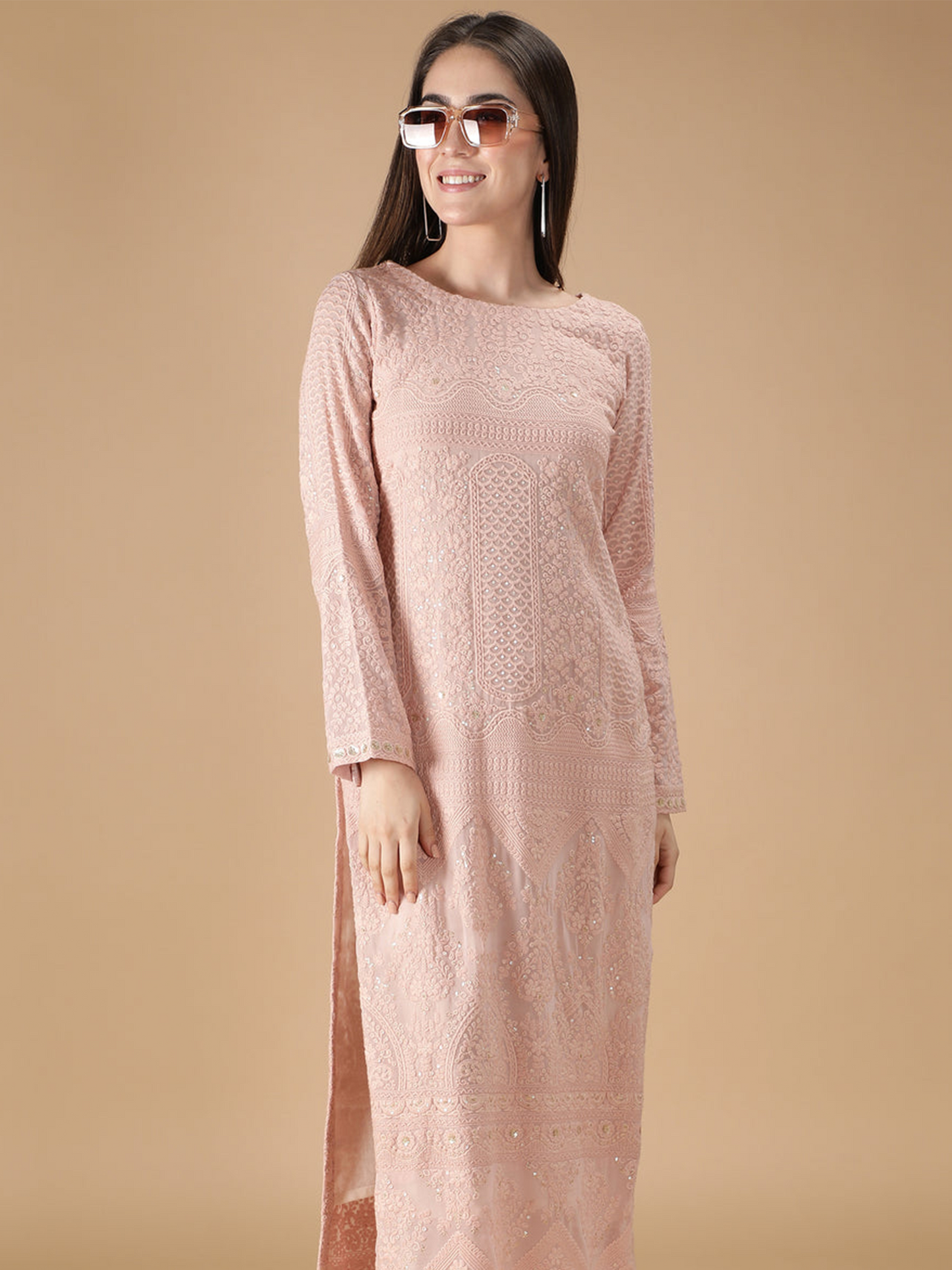 Straight Heavy Embroidered Peach Kurta