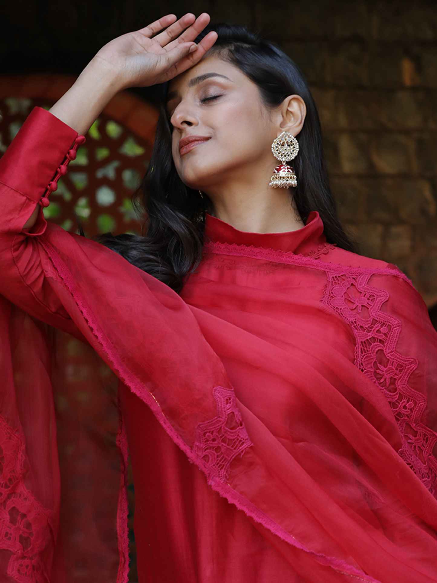 Maroon Pure Silk Organza Embroidered Lace Dupatta