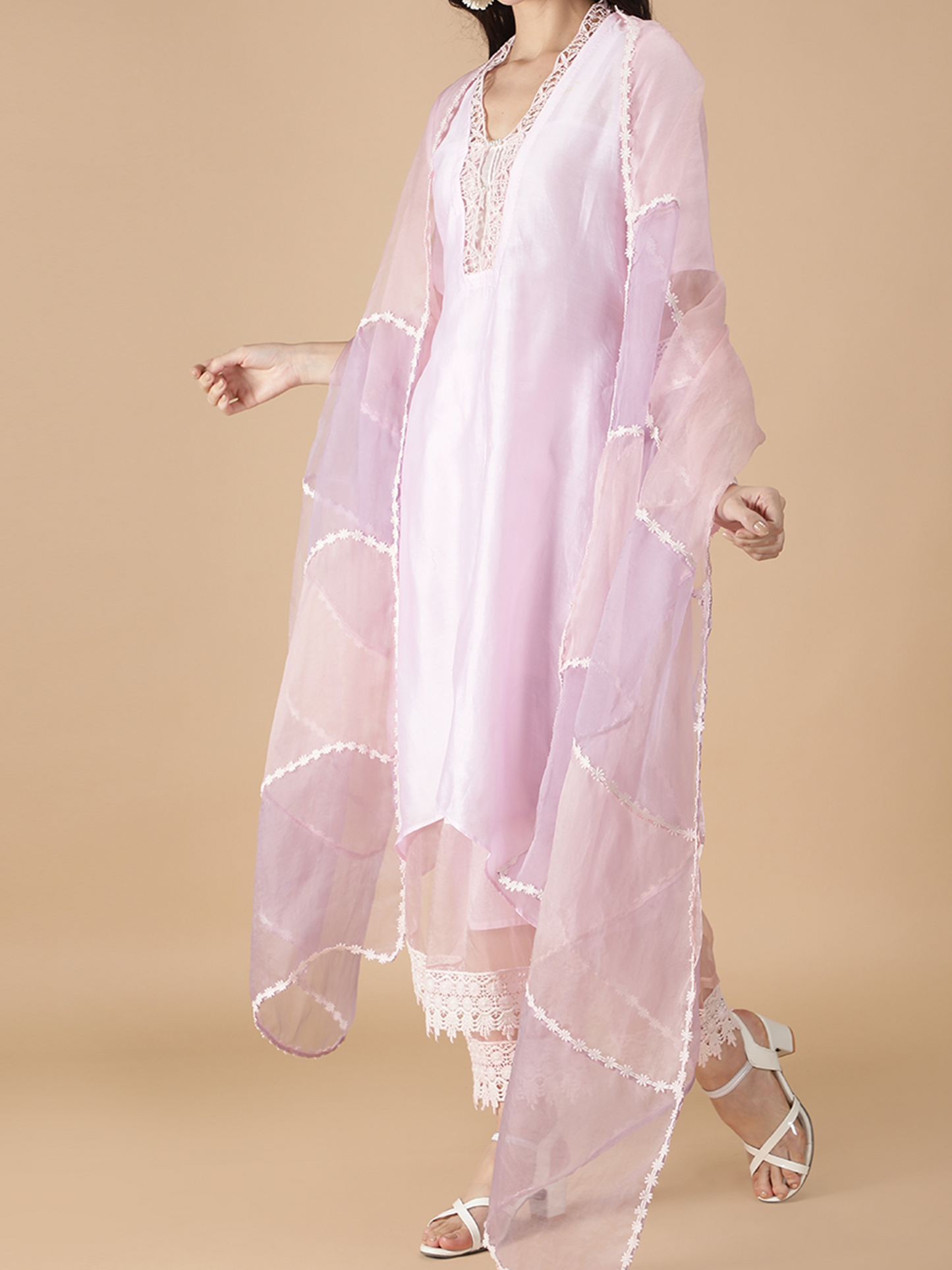 Pink and Purple Pure Silk Organza Dupatta with Embroidered Lace