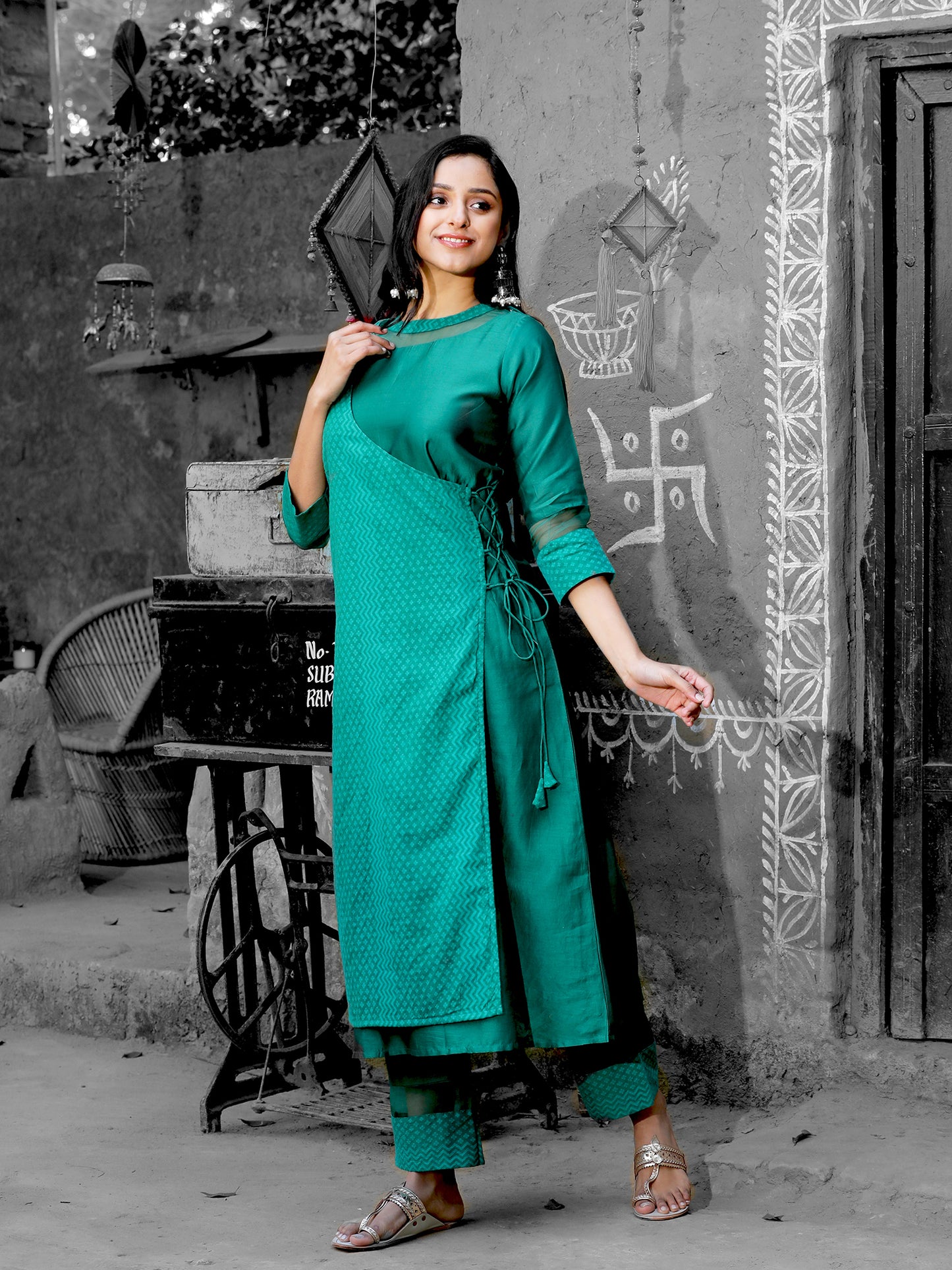 Green Silk Angrakha Kurta