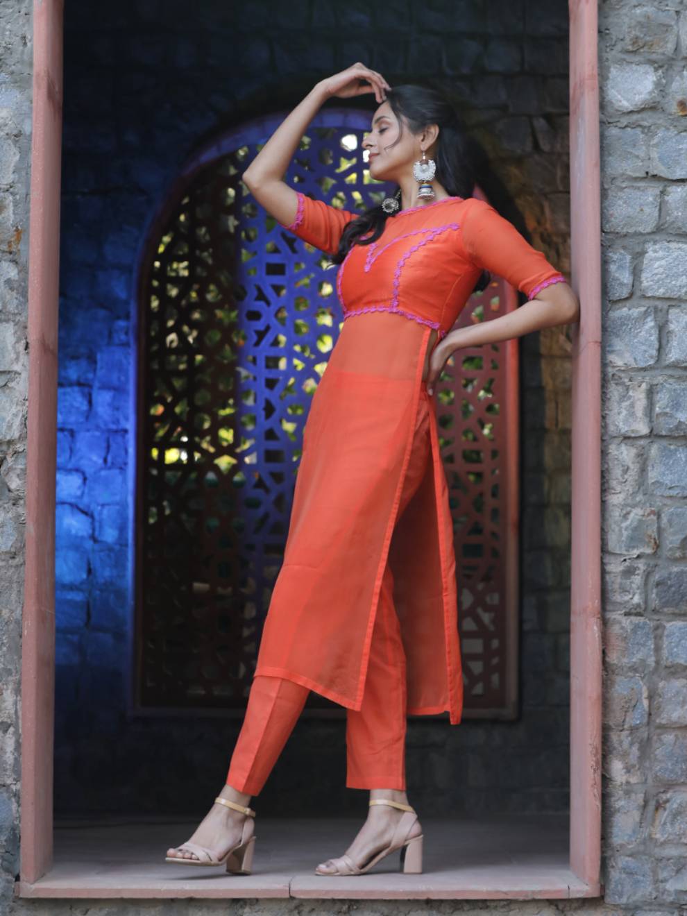 Women Rust Silk Organza Kurta Set