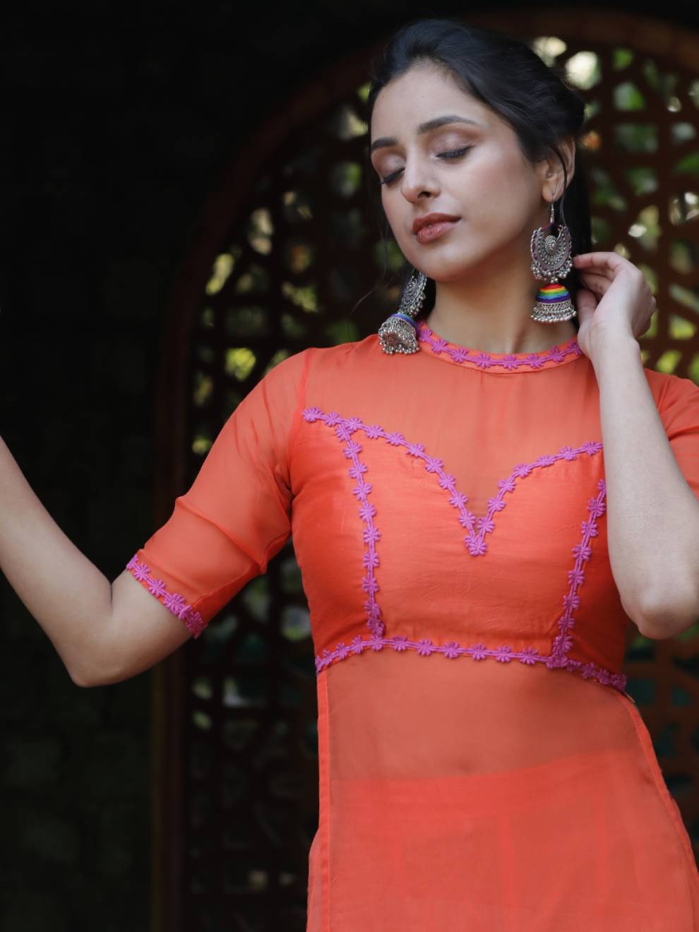 Women Rust Silk Organza Kurta Set