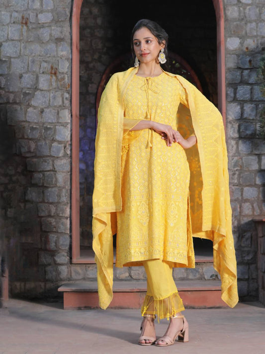 Chikankari Heavy Embroidered Yellow Suit with Dupatta (Set of 3)