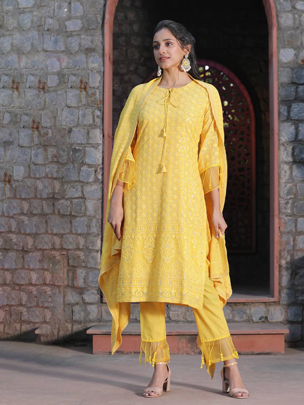 Chikankari Heavy Embroidered Yellow Suit with Dupatta (Set of 3)