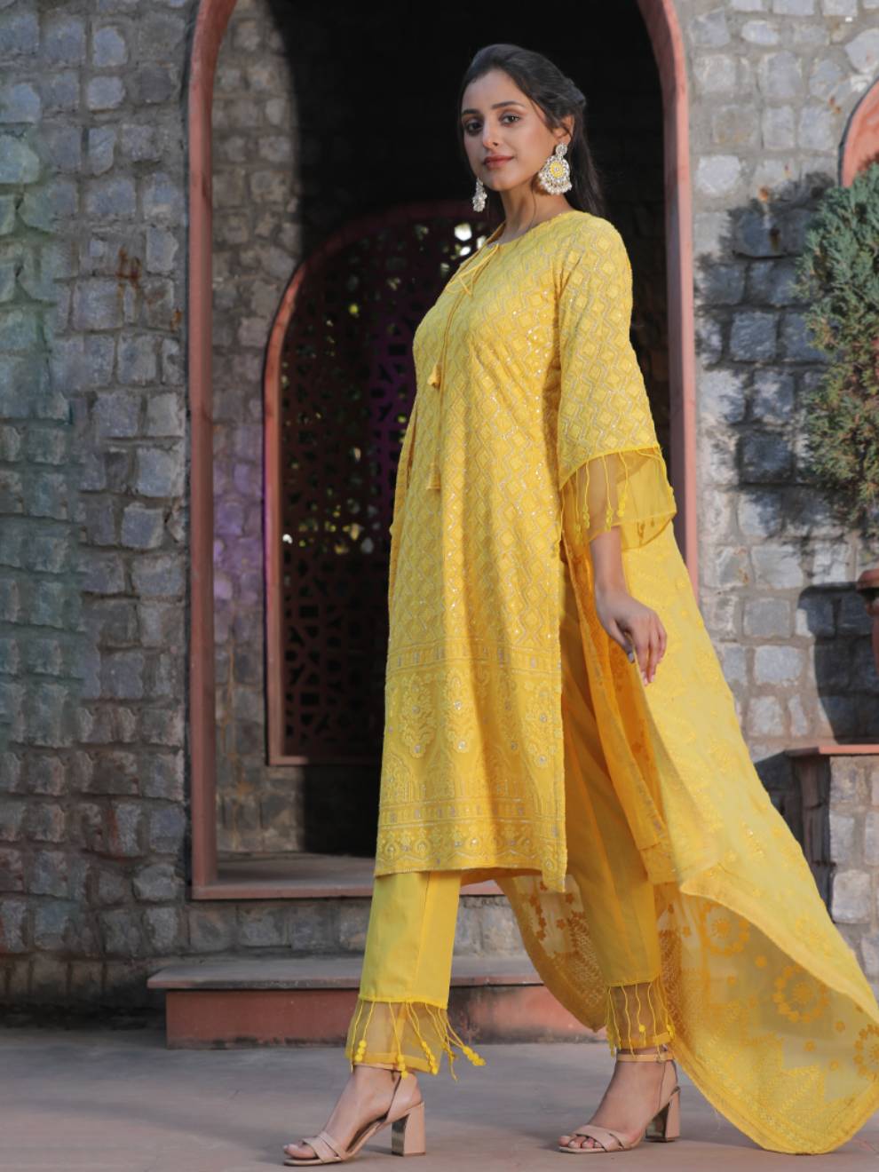 Chikankari Heavy Embroidered Yellow Suit with Dupatta (Set of 3)